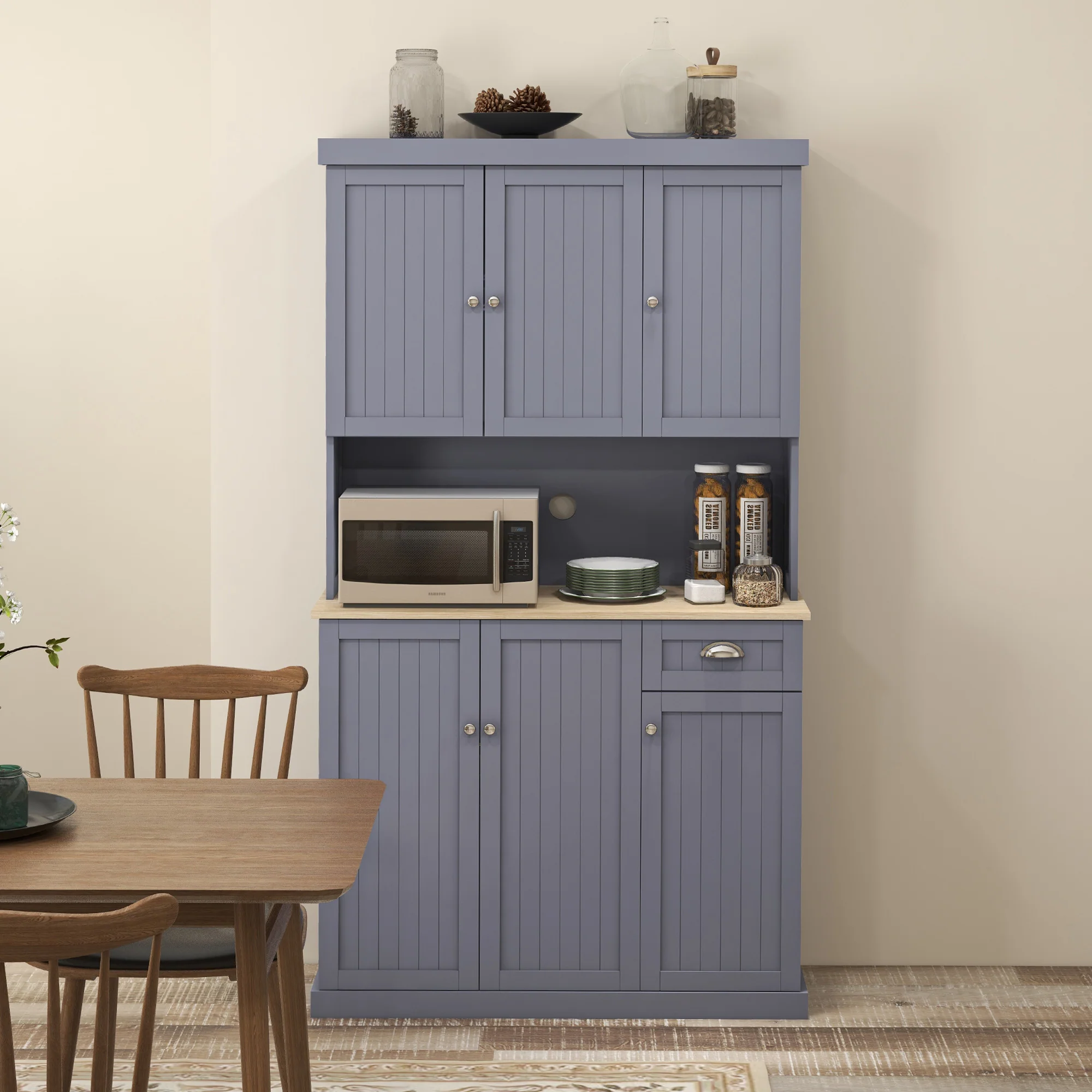 71" Farmhouse Kitchen Pantry Storage Cabinet w/Countertop, Drawer, & Cupboard, Gray - Image 11