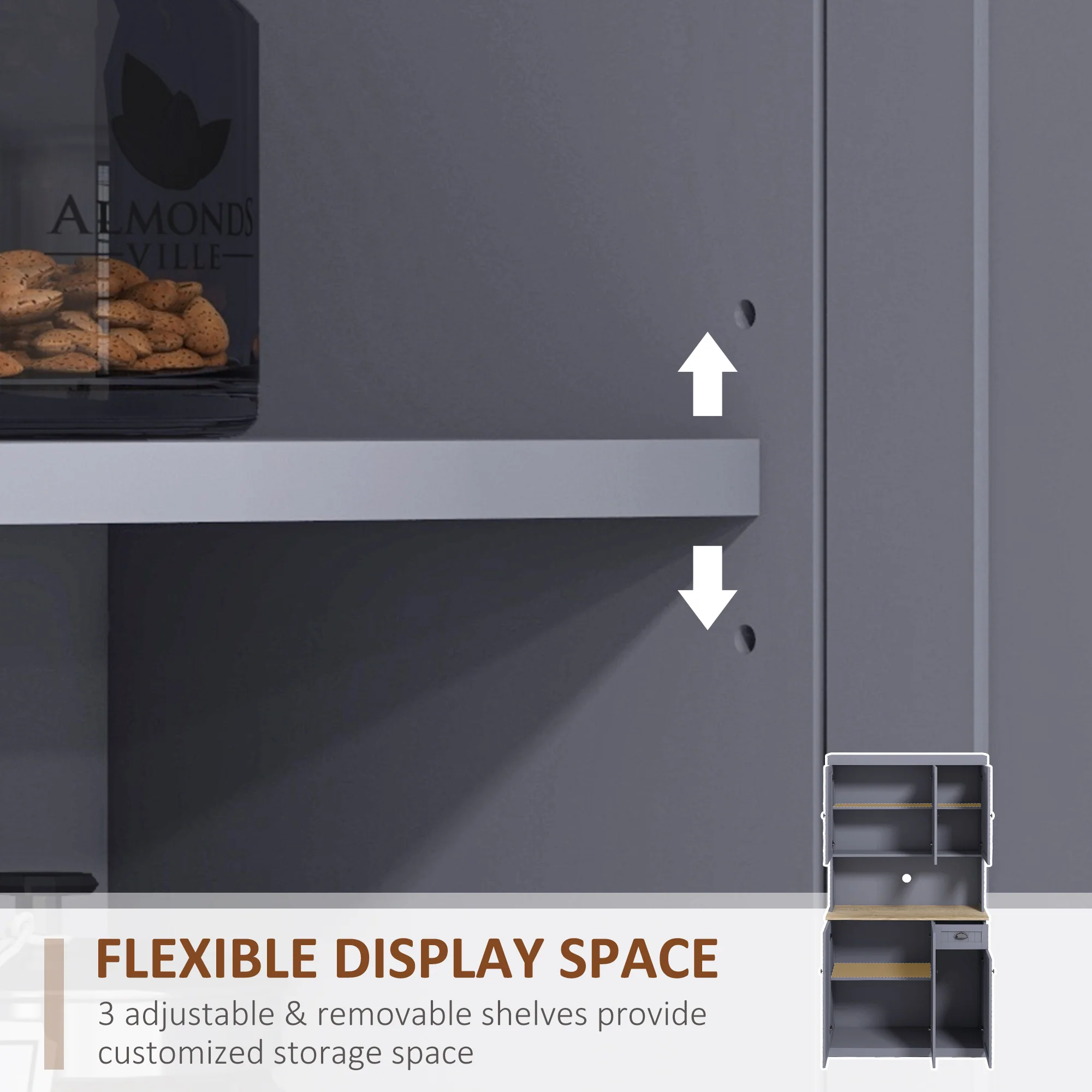 71" Farmhouse Kitchen Pantry Storage Cabinet w/Countertop, Drawer, & Cupboard, Gray - Image 8