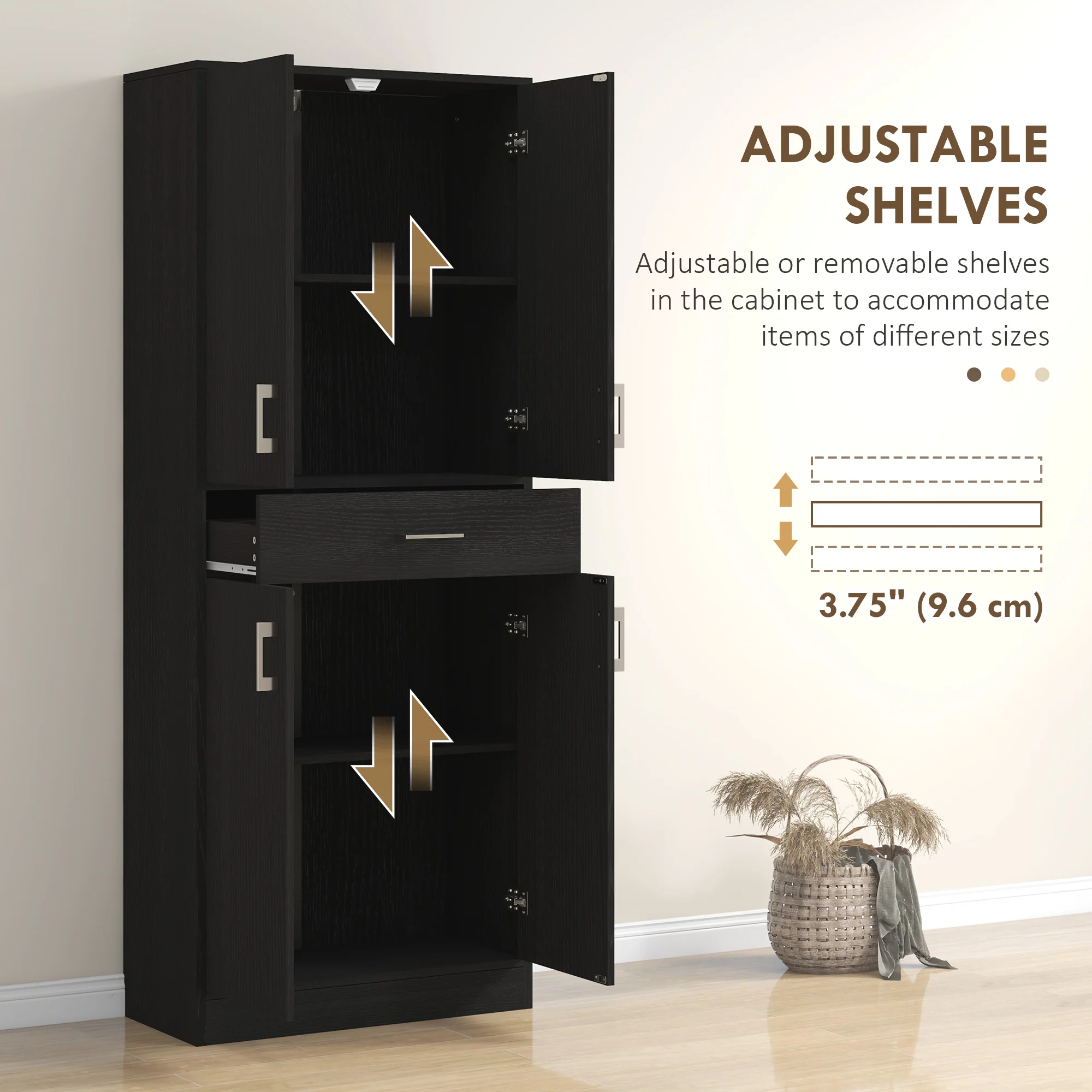 71" Tall Freestanding Kitchen Cabinet with Drawer and Adjustable Shelf, Distressed Black - Image 7