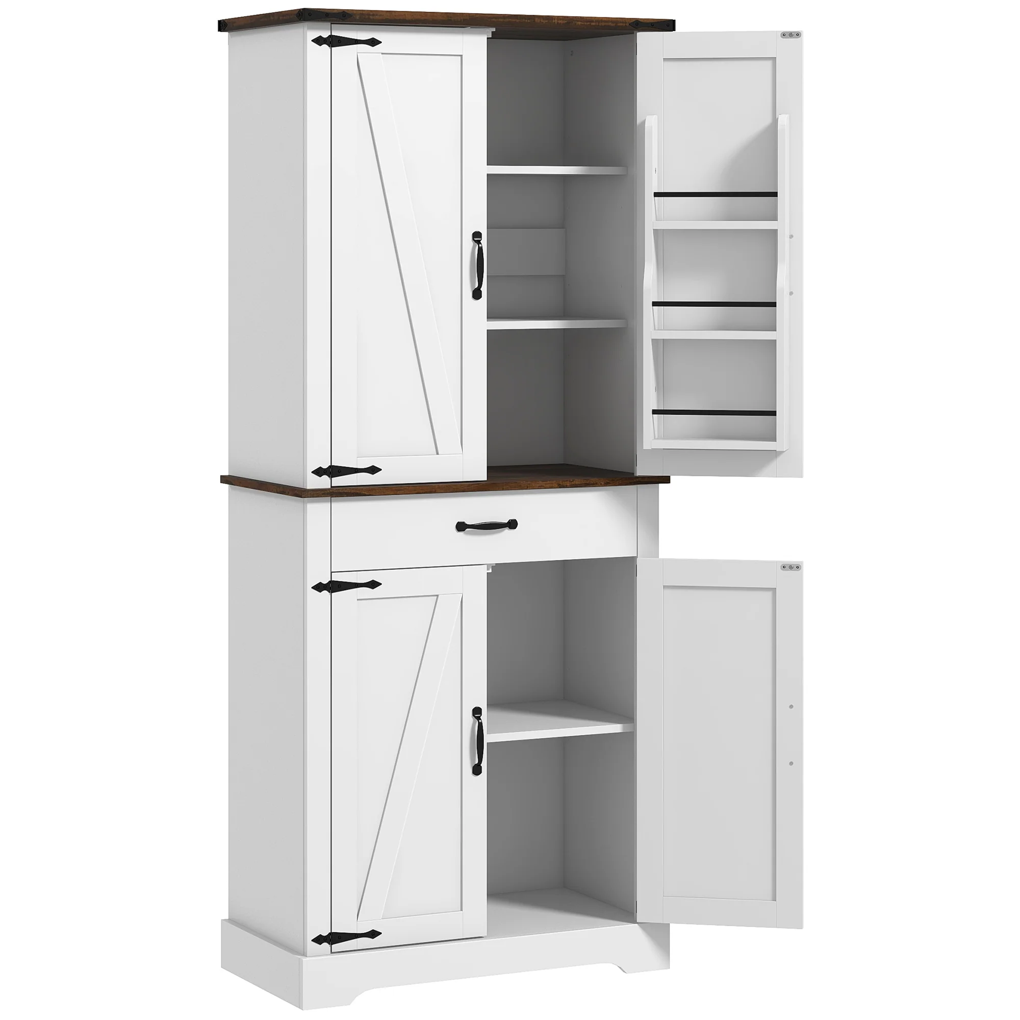 71" Tall Kitchen Cabinet, Farmhouse Pantry Cabinet w/ Barn Doors, 6 Shelves w/ 2 Doors, Drawer and Adjustable Shelves, White - Image 2