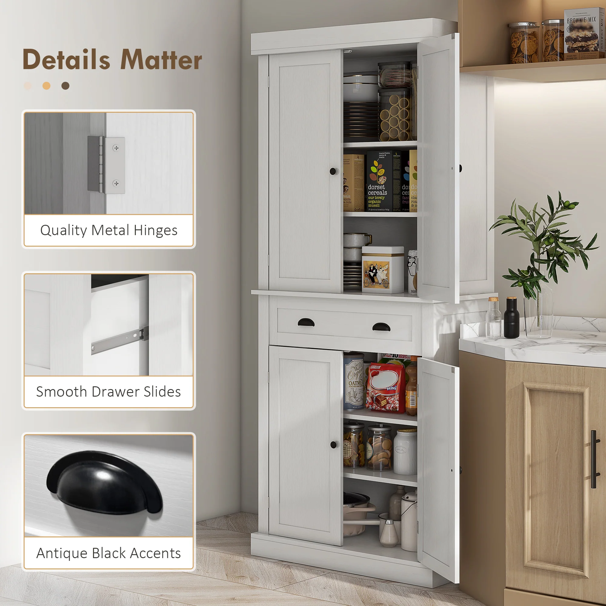 72.5" Freestanding Food Pantry Cabinet with Drawer, Doors and Shelves, White Wood Grain - Image 9