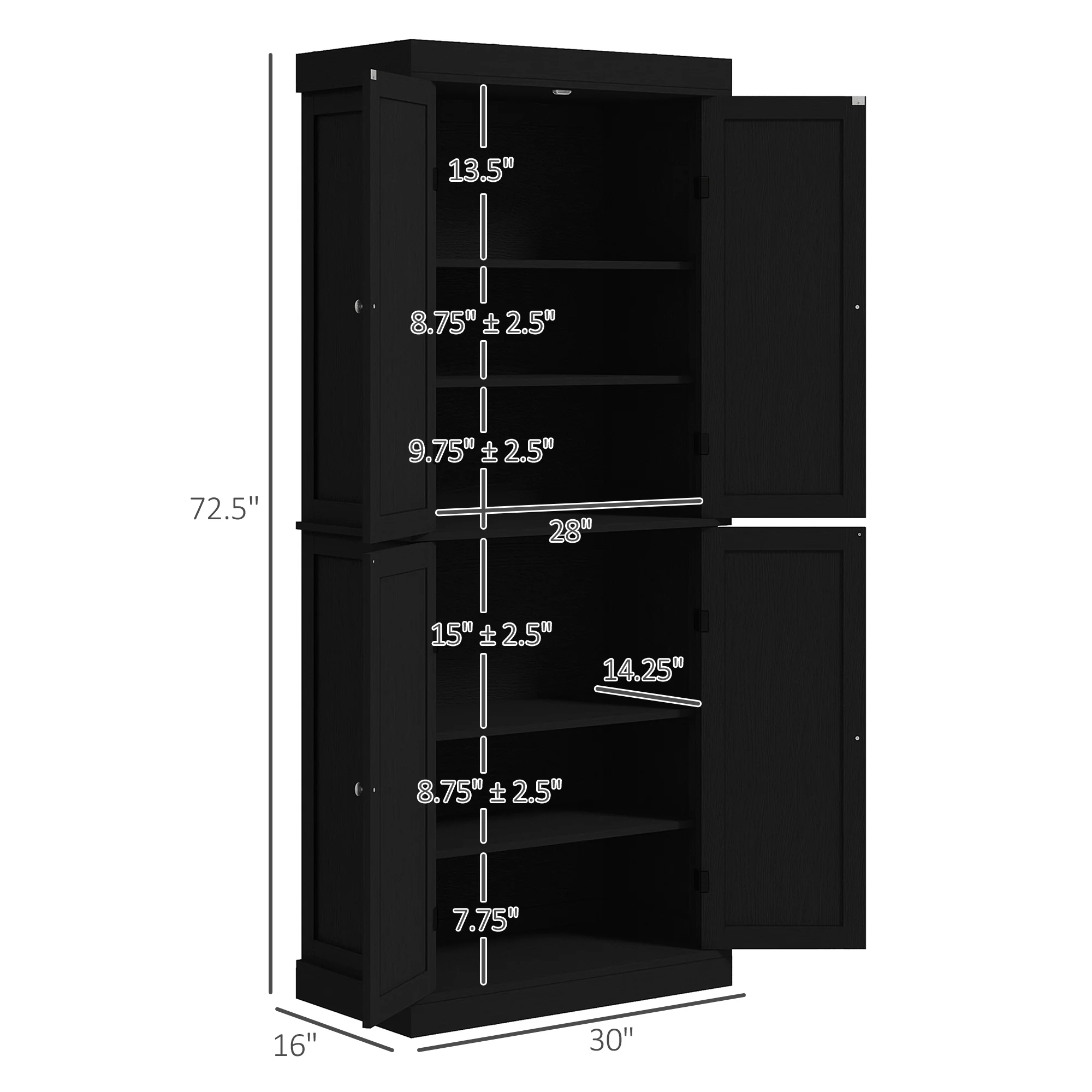 72" Freestanding Kitchen Pantry Storage Cabinet w/ Doors and Shelves, Black Wood Grain - Image 5
