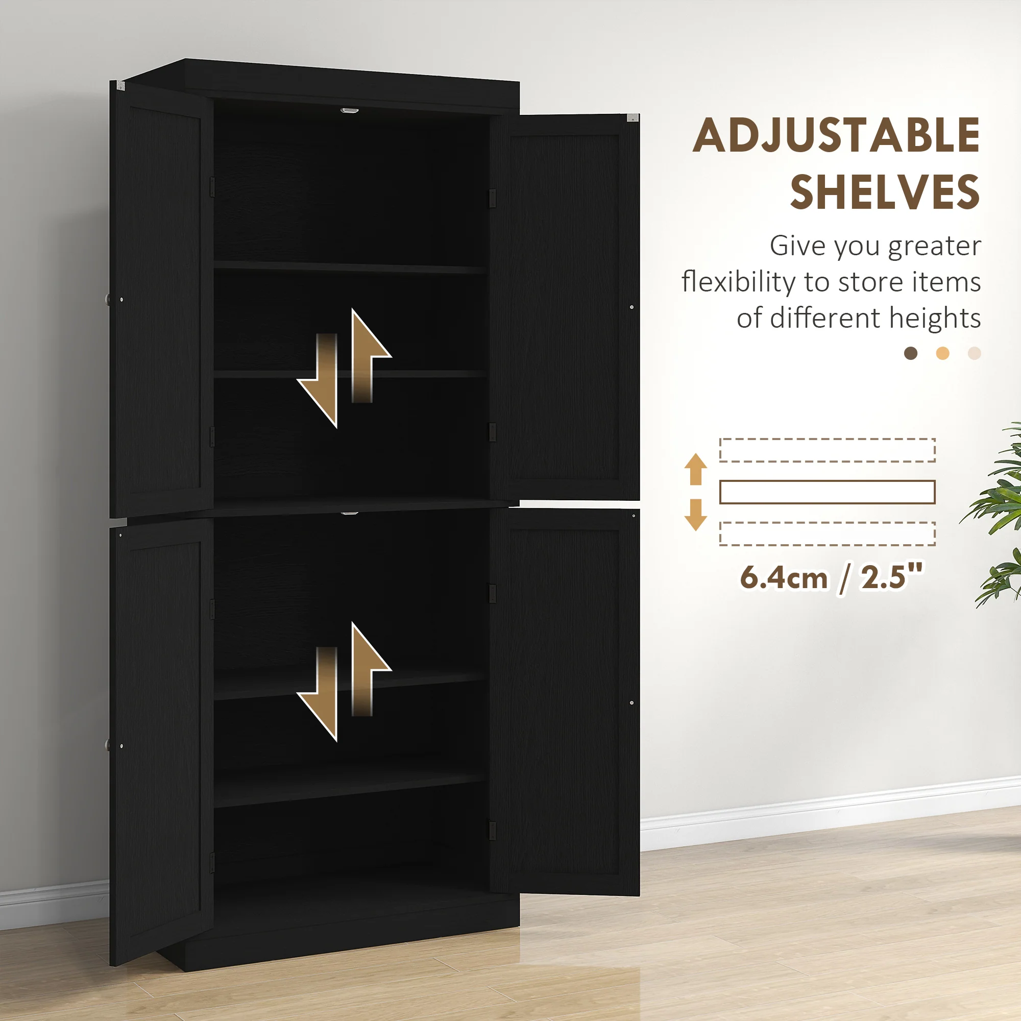 72" Freestanding Kitchen Pantry Storage Cabinet w/ Doors and Shelves, Black Wood Grain - Image 7