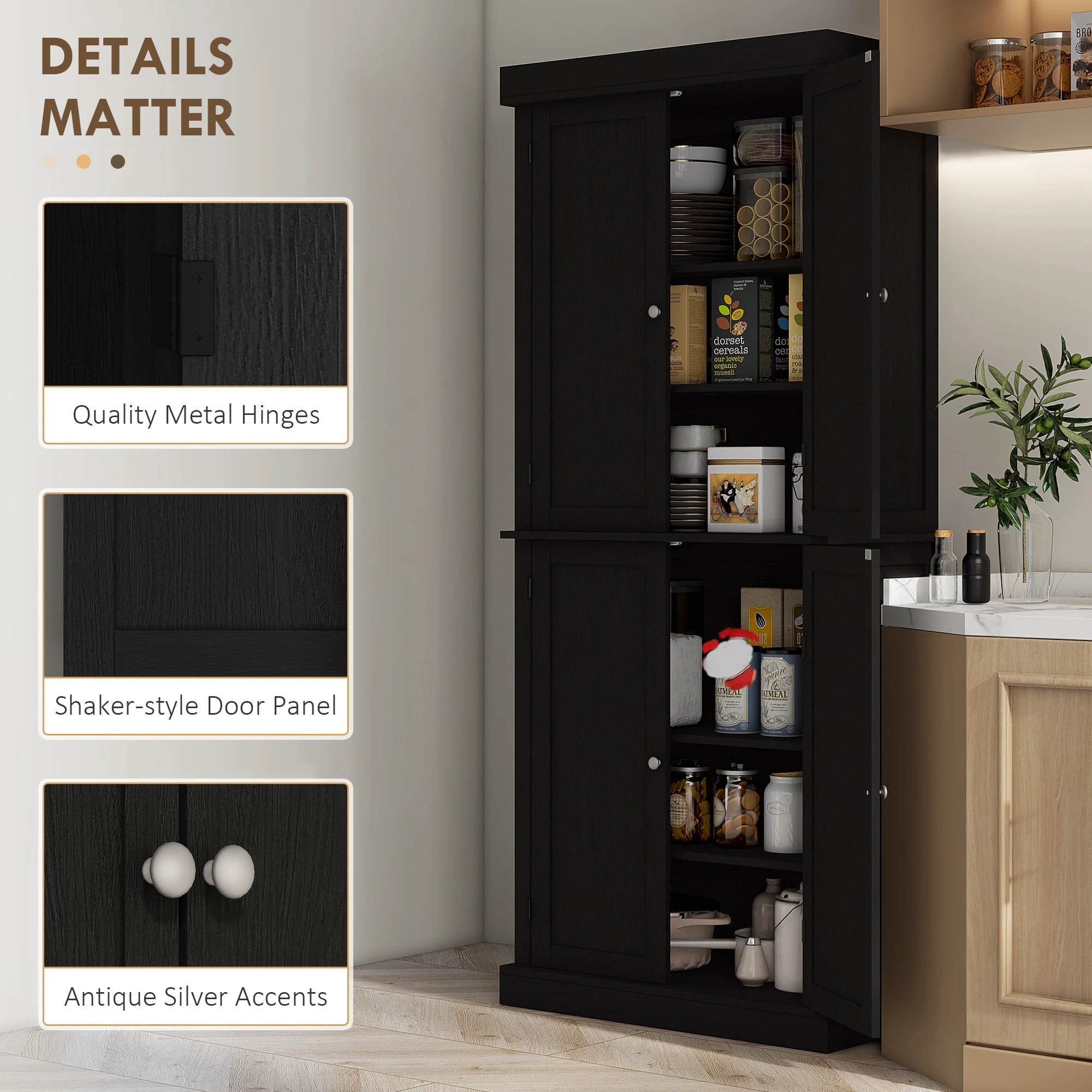 72" Freestanding Kitchen Pantry Storage Cabinet w/ Doors and Shelves, Black Wood Grain - Image 9
