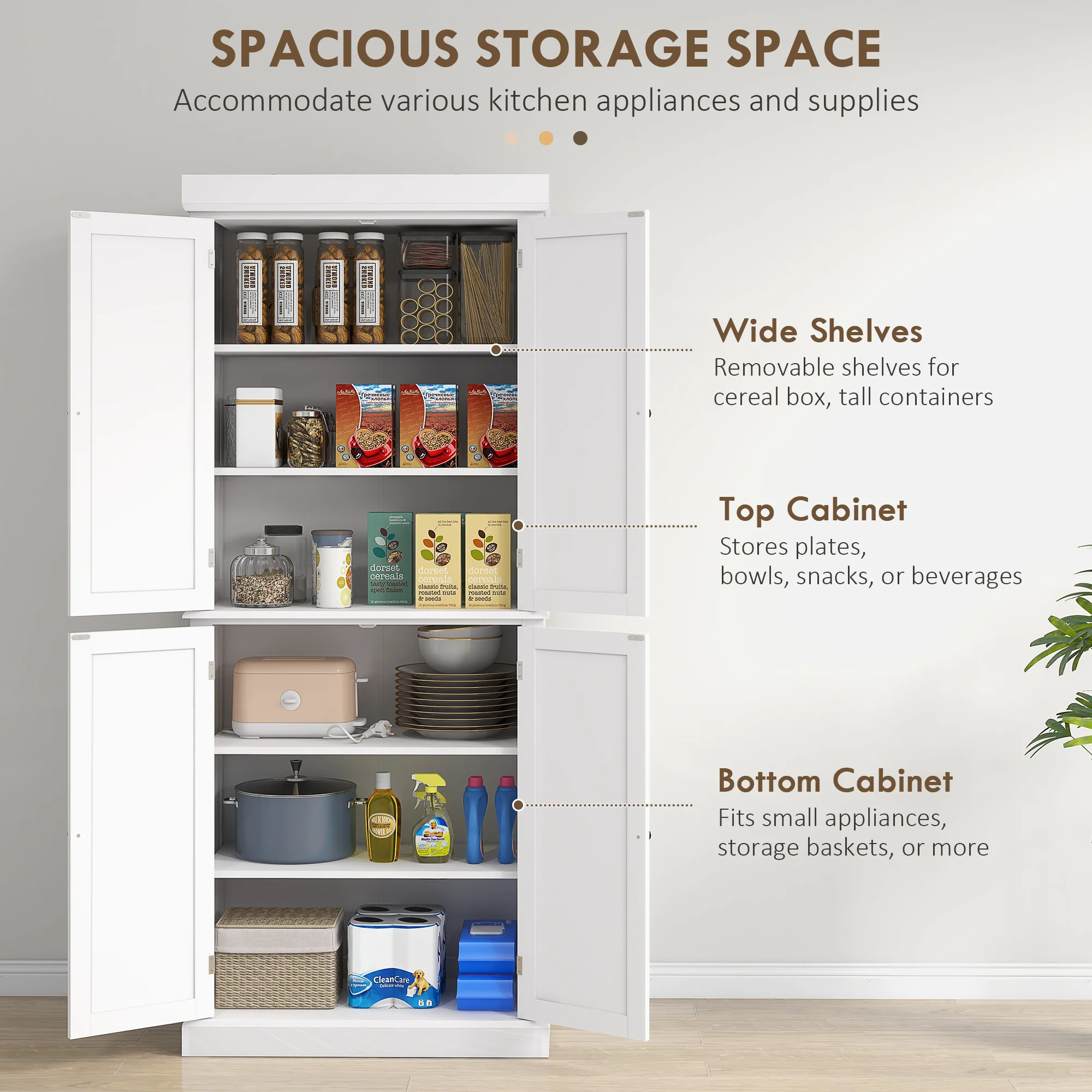 72" Freestanding Kitchen Pantry Storage Cabinet w/ Doors and Shelves, White - Image 6