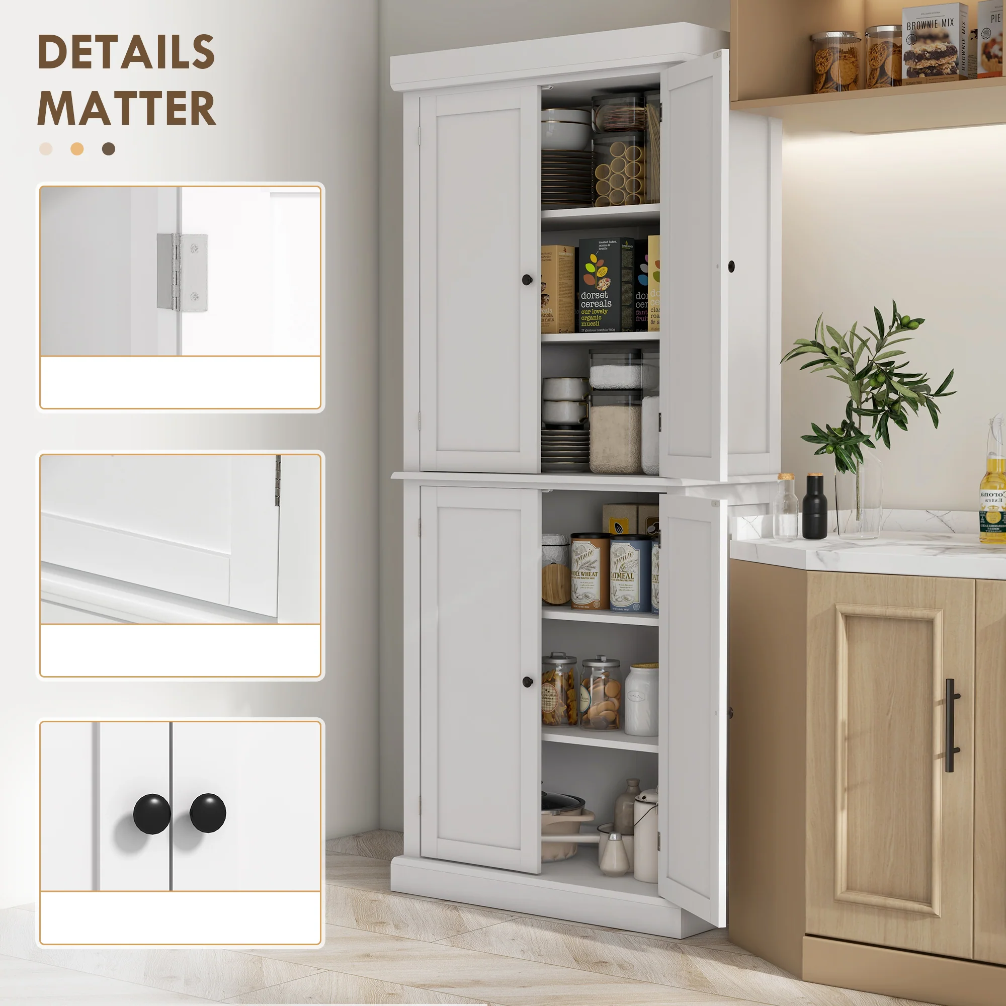 72" Freestanding Kitchen Pantry Storage Cabinet w/ Doors and Shelves, White - Image 9