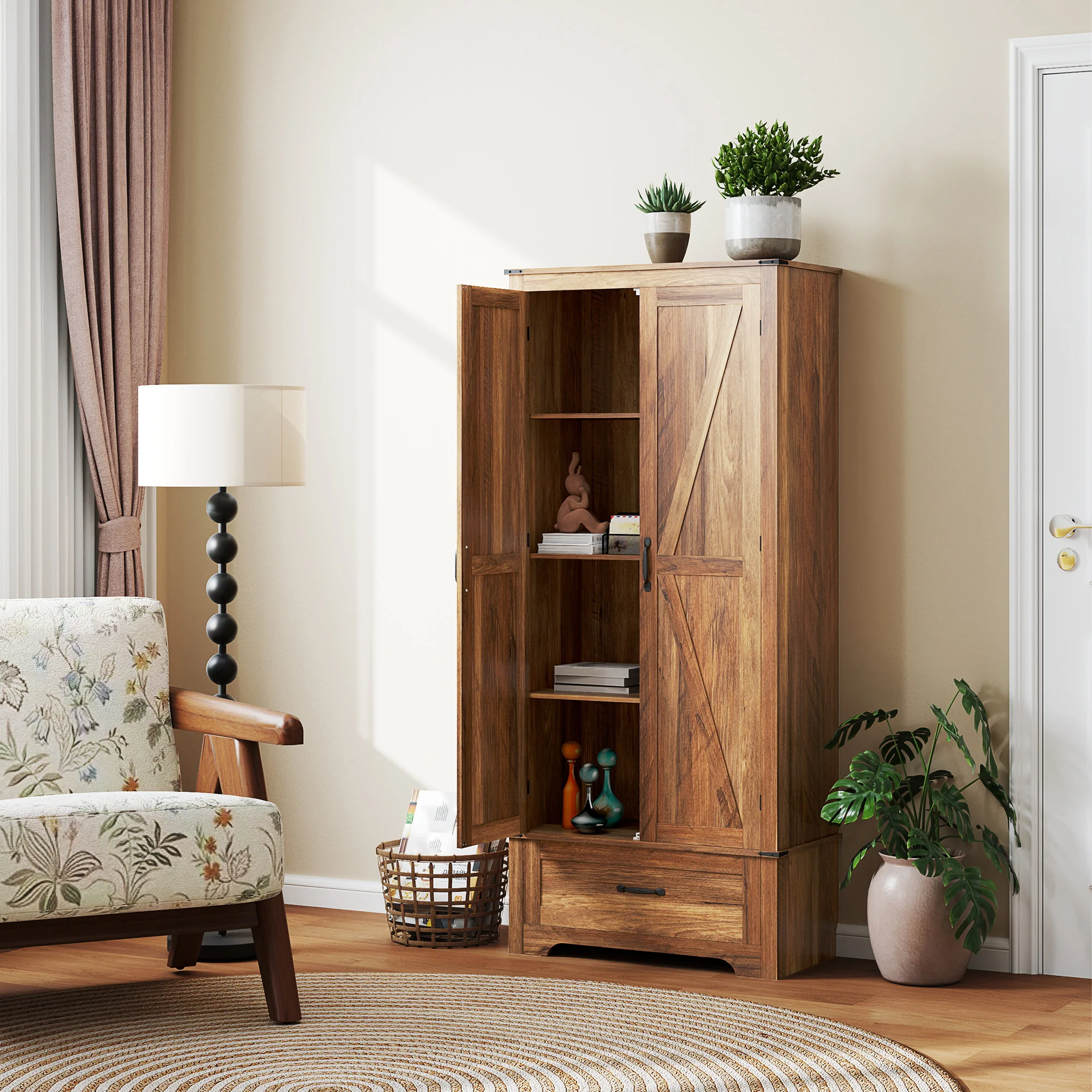 72" Farmhouse Kitchen Pantry Cabinet with Adjustable Shelves & Drawer, Brown - Image 4