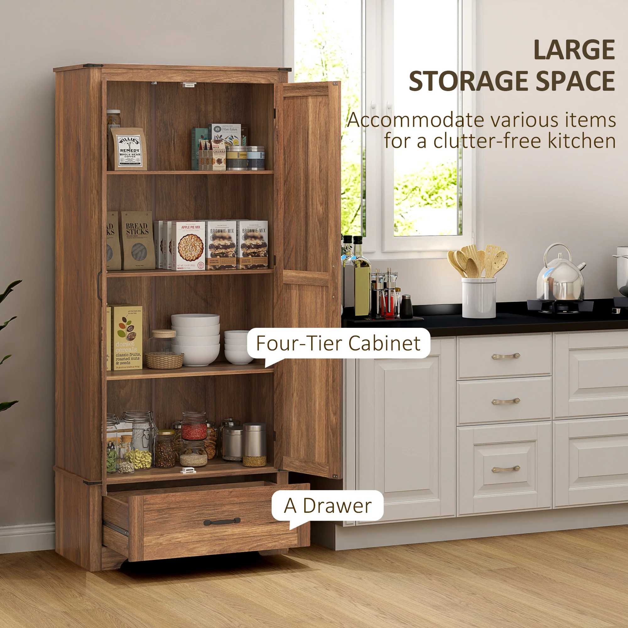 72" Farmhouse Kitchen Pantry Cabinet with Adjustable Shelves & Drawer, Brown - Image 6