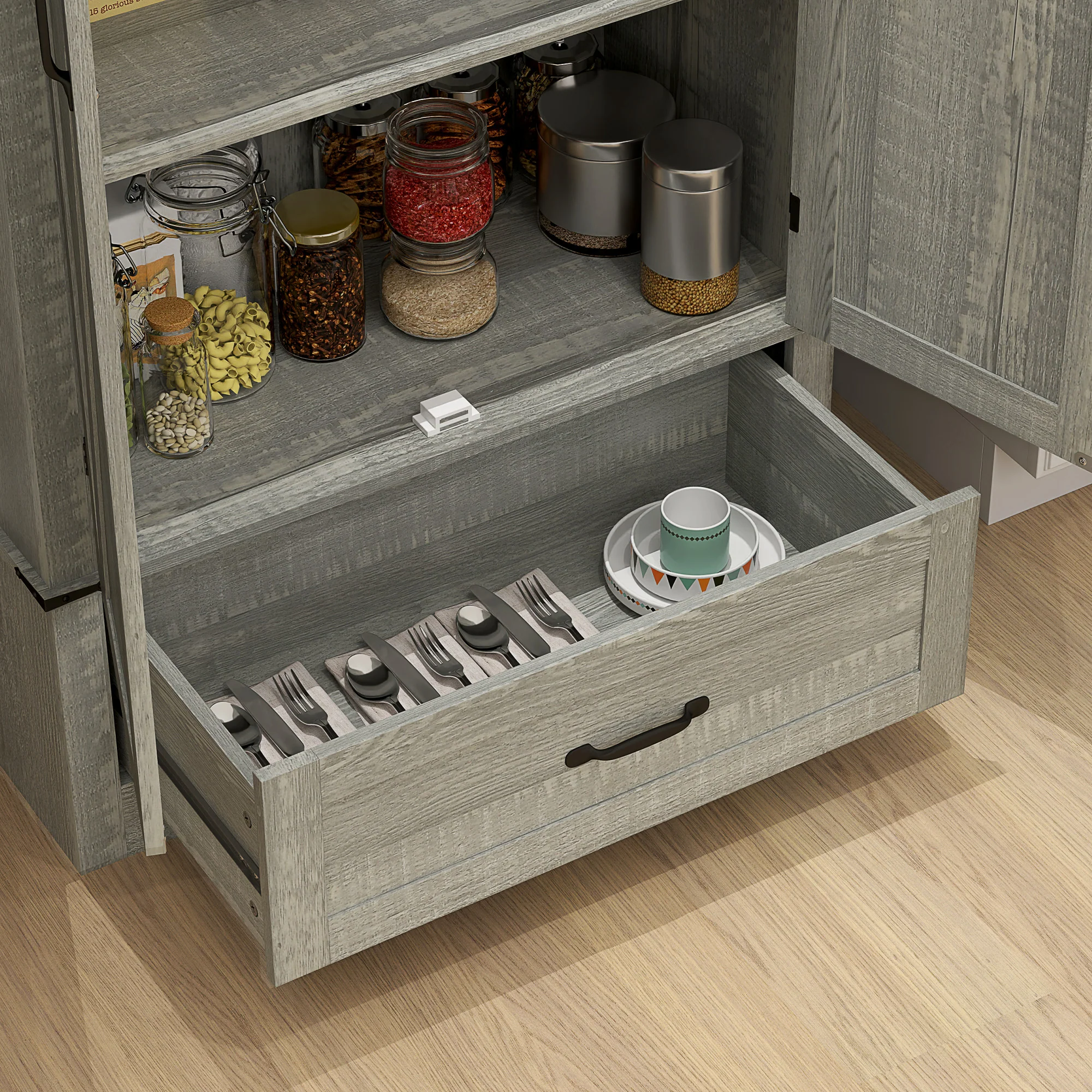 72" Farmhouse Kitchen Pantry Cabinet with Adjustable Shelves & Drawer, Distressed Light Gray - Image 11