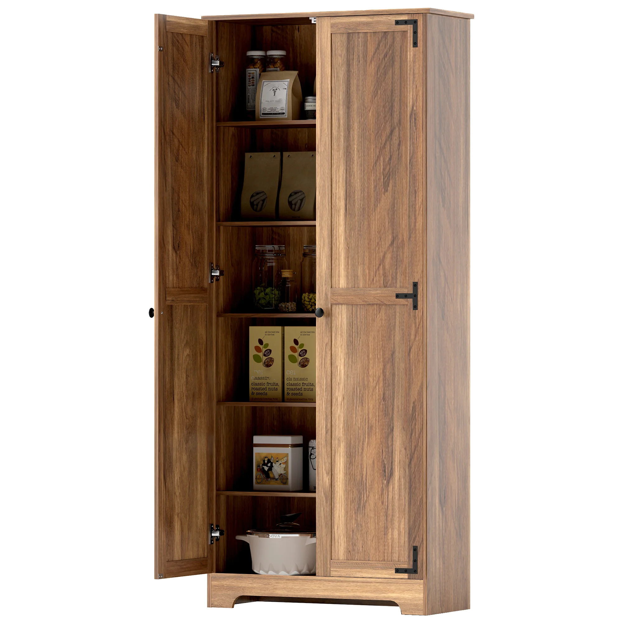 72" Farmhouse Freestanding Pantry Cabinet with Adjustable Shelves, Brown - Image 2