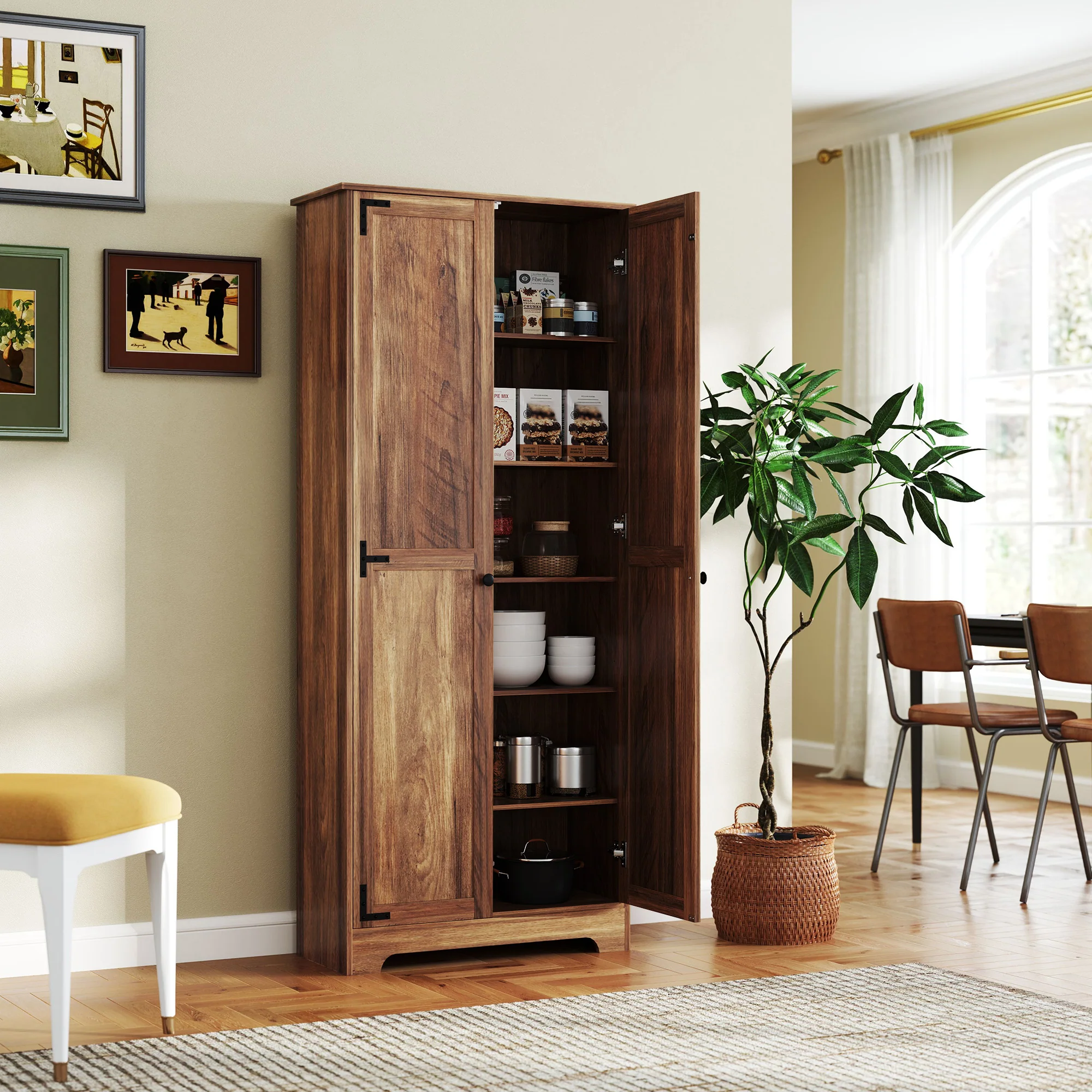 72" Farmhouse Freestanding Pantry Cabinet with Adjustable Shelves, Brown - Image 3