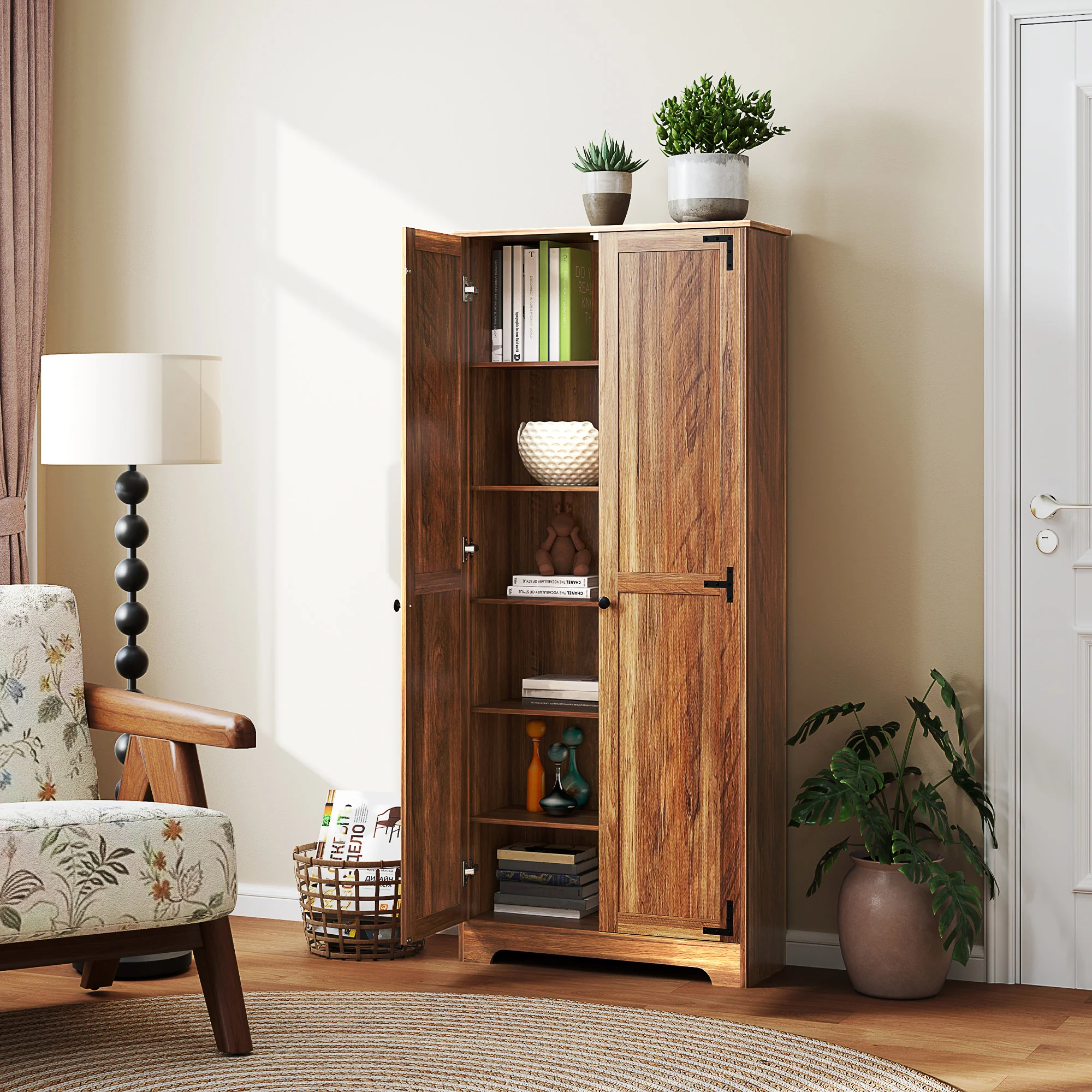 72" Farmhouse Freestanding Pantry Cabinet with Adjustable Shelves, Brown - Image 4