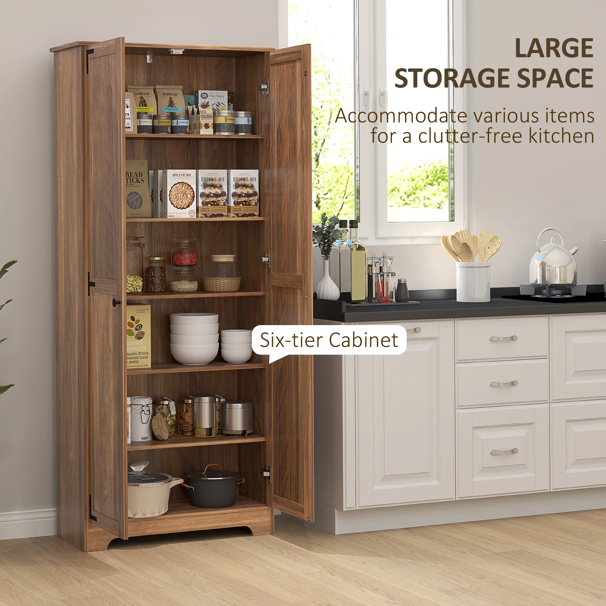 72" Farmhouse Freestanding Pantry Cabinet with Adjustable Shelves, Brown - Image 7