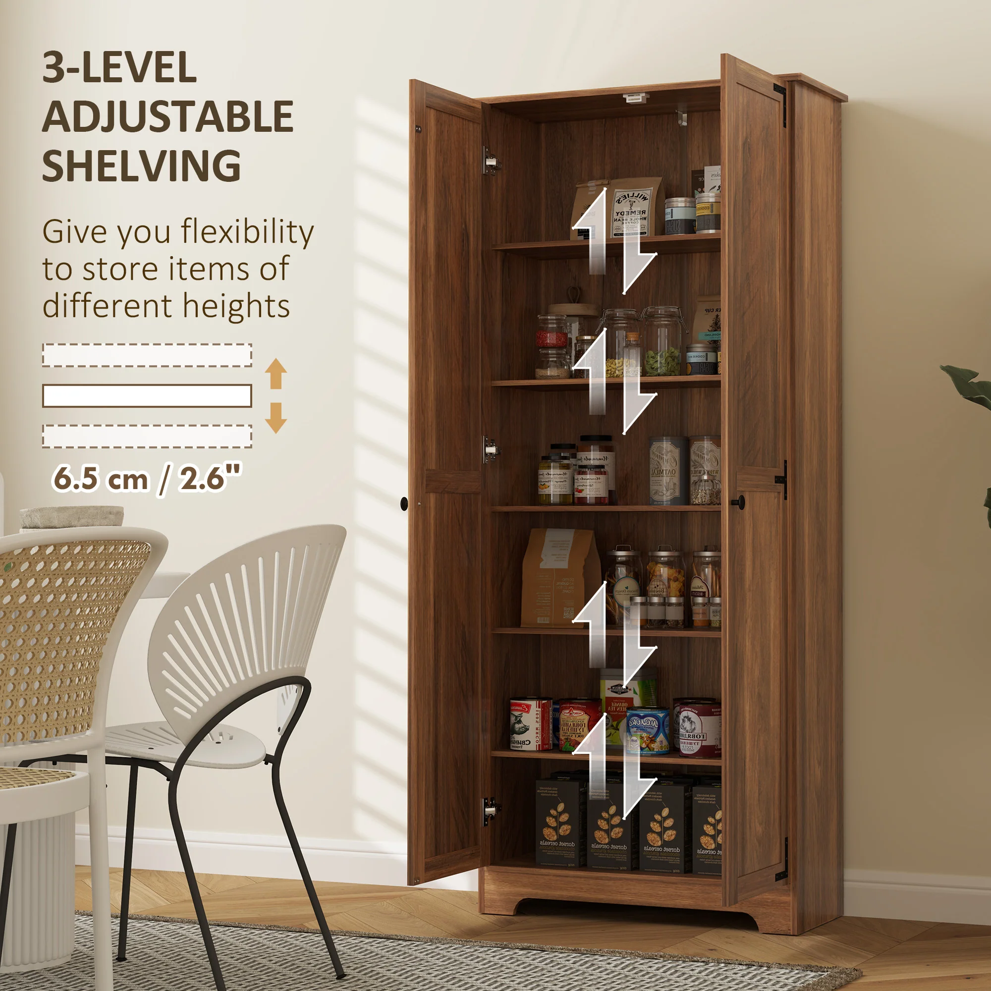72" Farmhouse Freestanding Pantry Cabinet with Adjustable Shelves, Brown - Image 9
