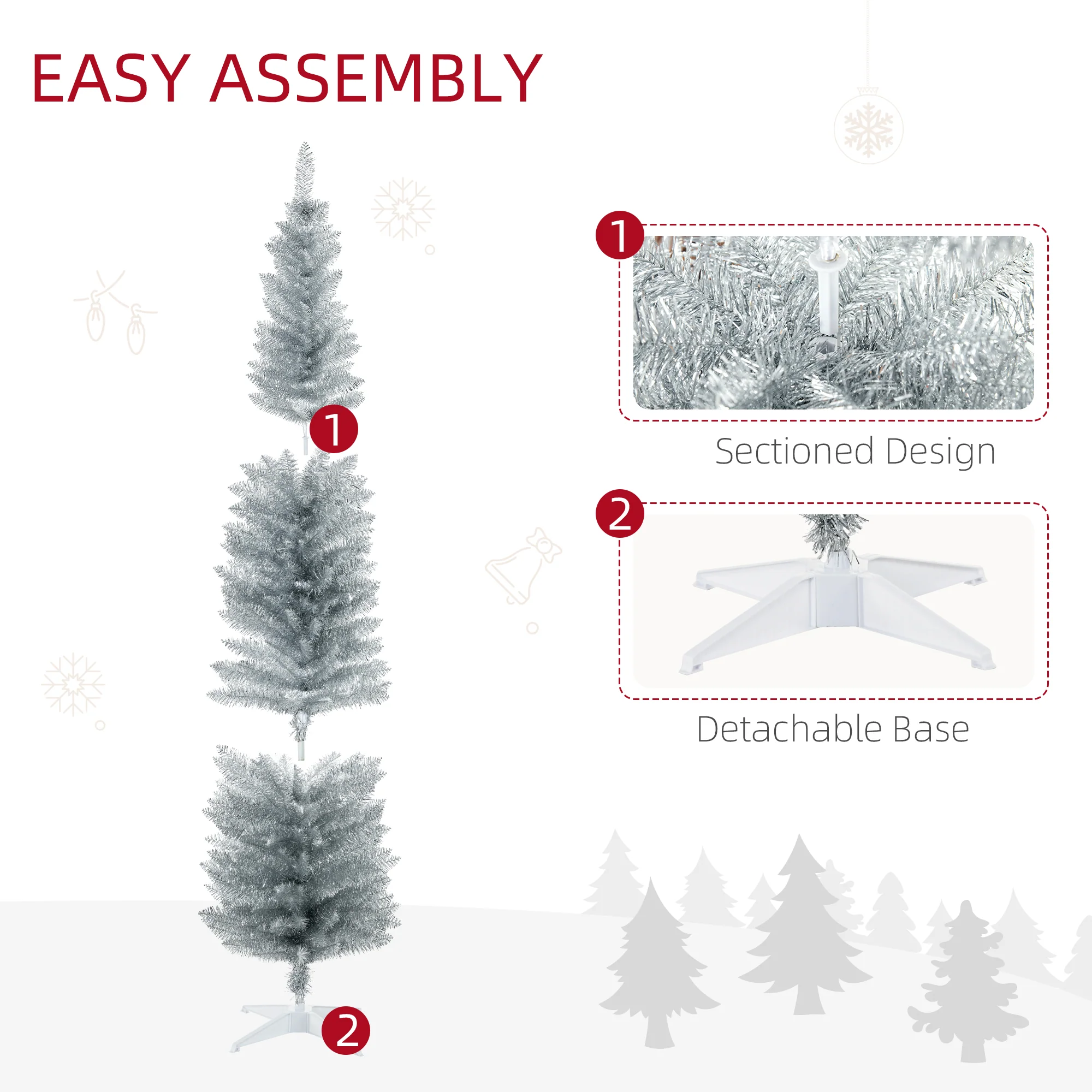 7FT Decorated Christmas Tree Pencil Tree with 499 Realistic Branch Tips and Stand Silver - Image 9