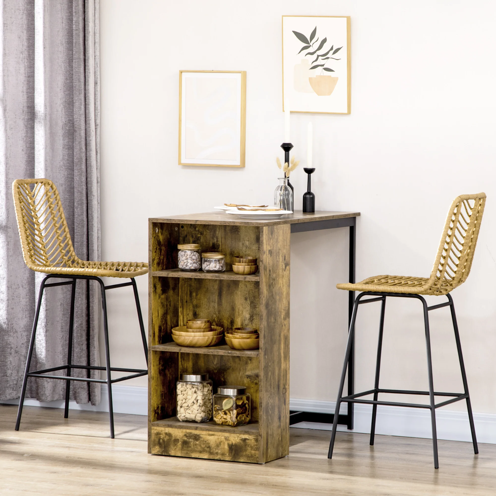 2 Piece Wicker Rattan Barstools with Steel Legs & Footrest for Kitchen Pub, Yellow - Image 4