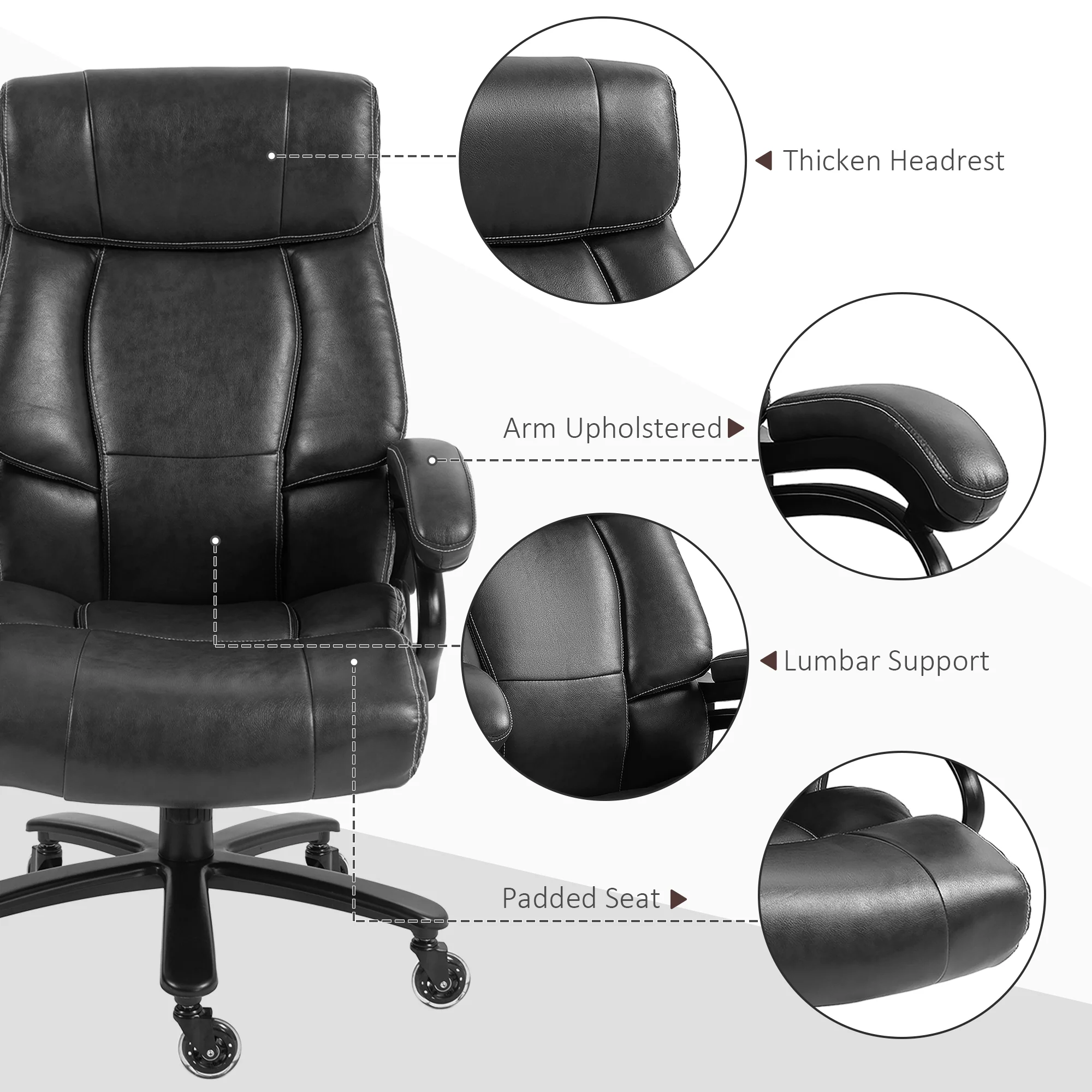 Big and Tall Office Chair w/ PU Leather & Swivel Wheels, up to 400 lbs, Black - Image 9