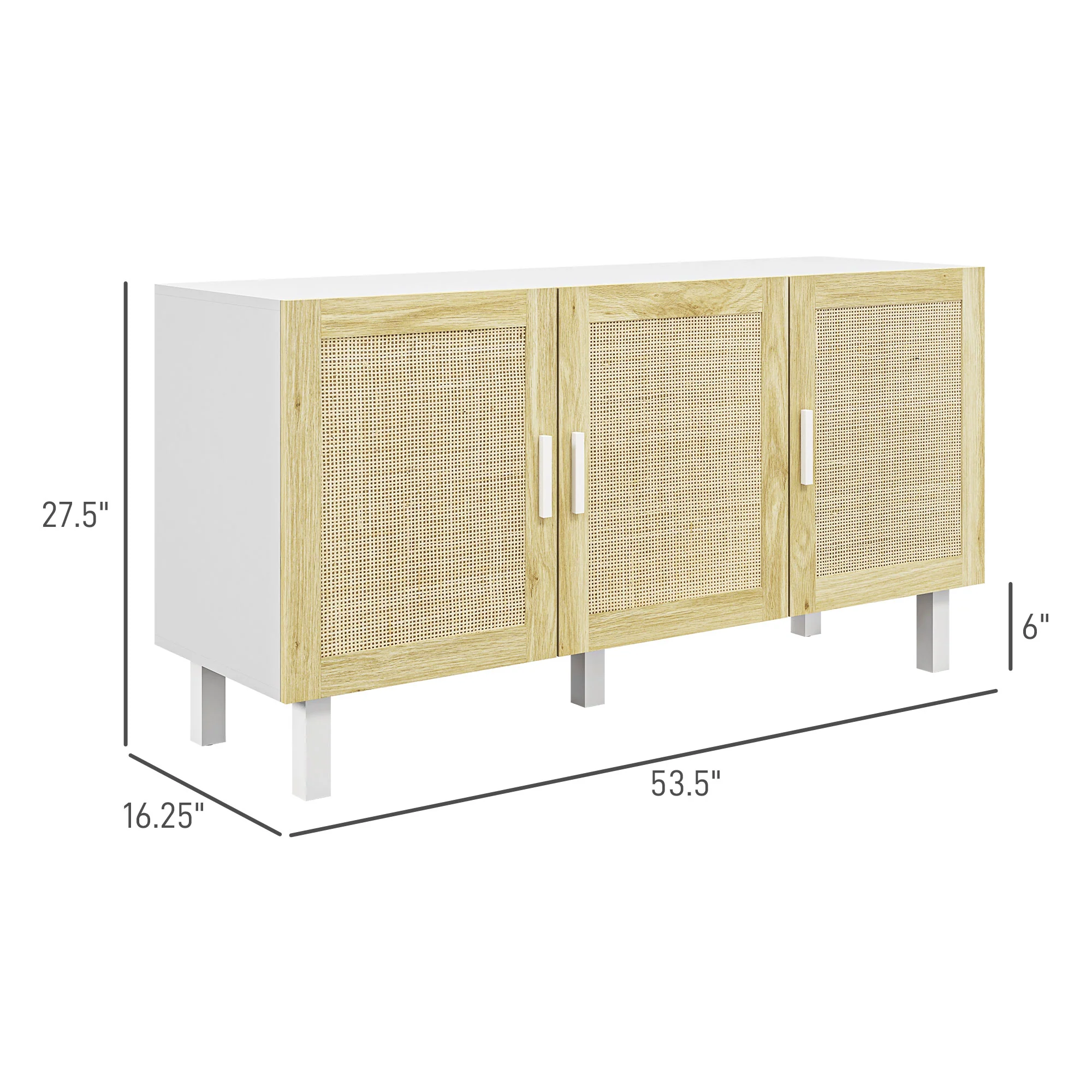 Boho Kitchen Buffet Cabinet with 3 Rattan Doors and Adjustable Shelves, White & Natural - Image 5