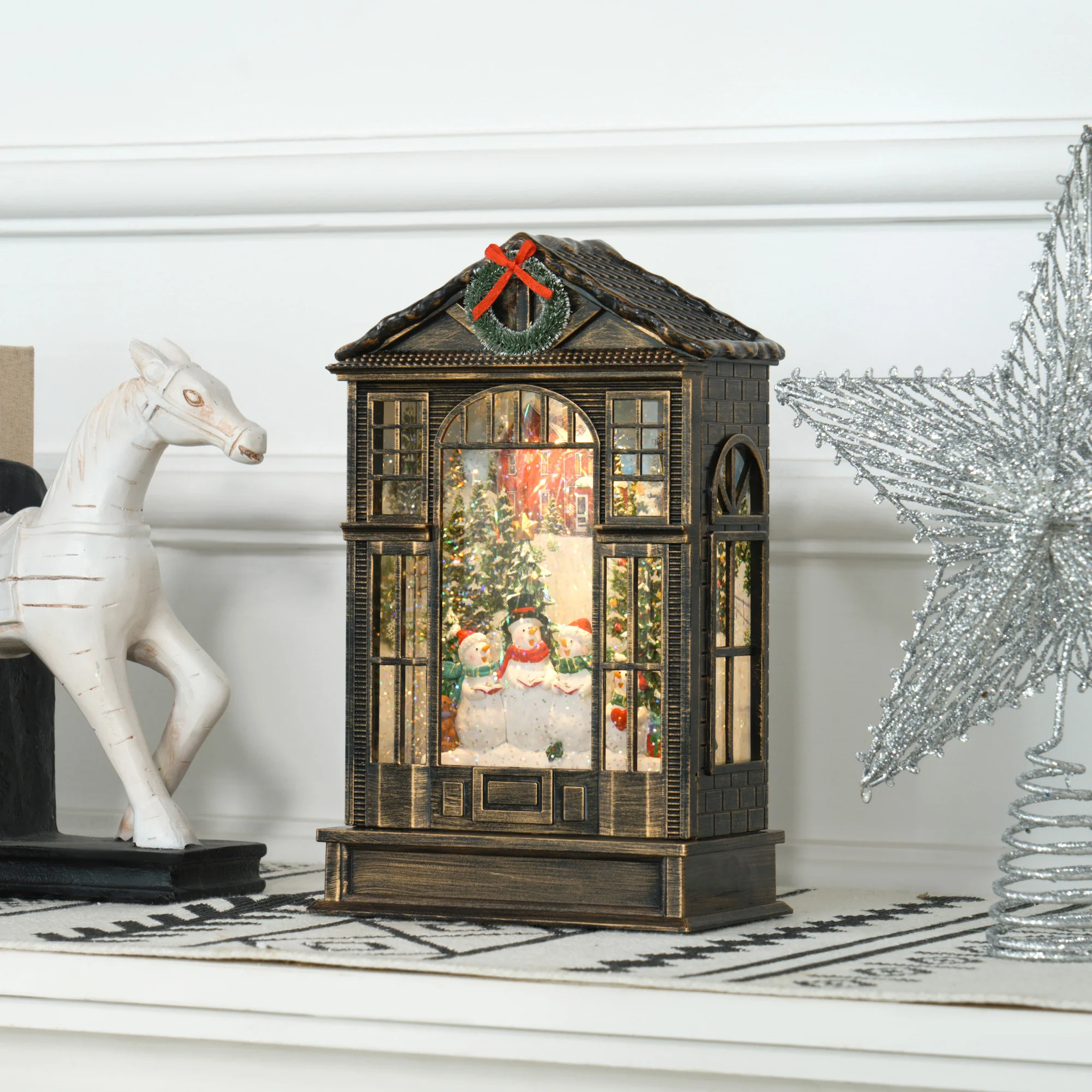 Christmas Snow Globe Lantern with Lights, Swirling Glitter, Battery Operated Musical, Bronze Tone - Image 3