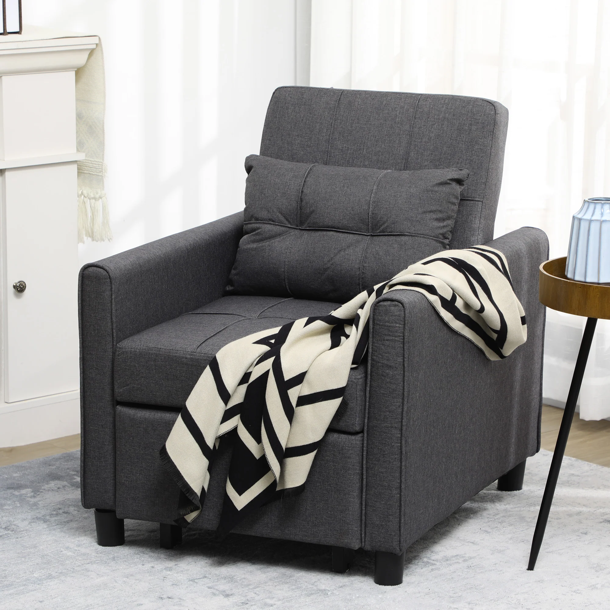 3-in-1 Convertible Pull Out Chair Bed with Adjustable Backrest, Pillow, & Pockets, Gray - Image 4