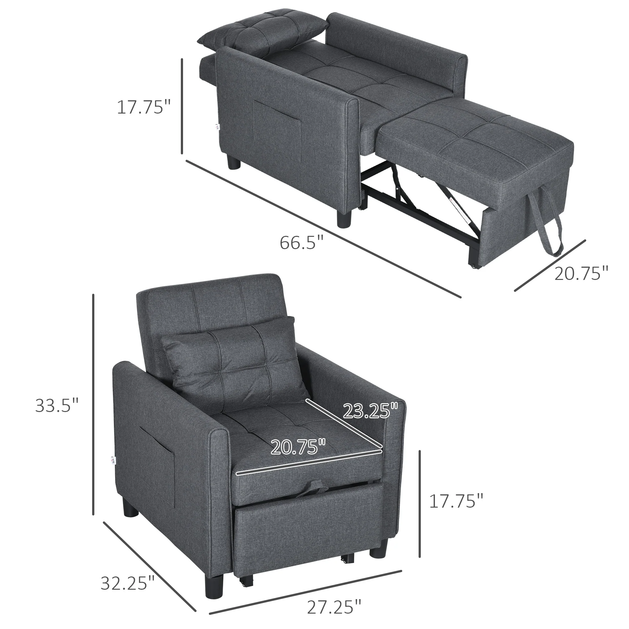 3-in-1 Convertible Pull Out Chair Bed with Adjustable Backrest, Pillow, & Pockets, Gray - Image 5
