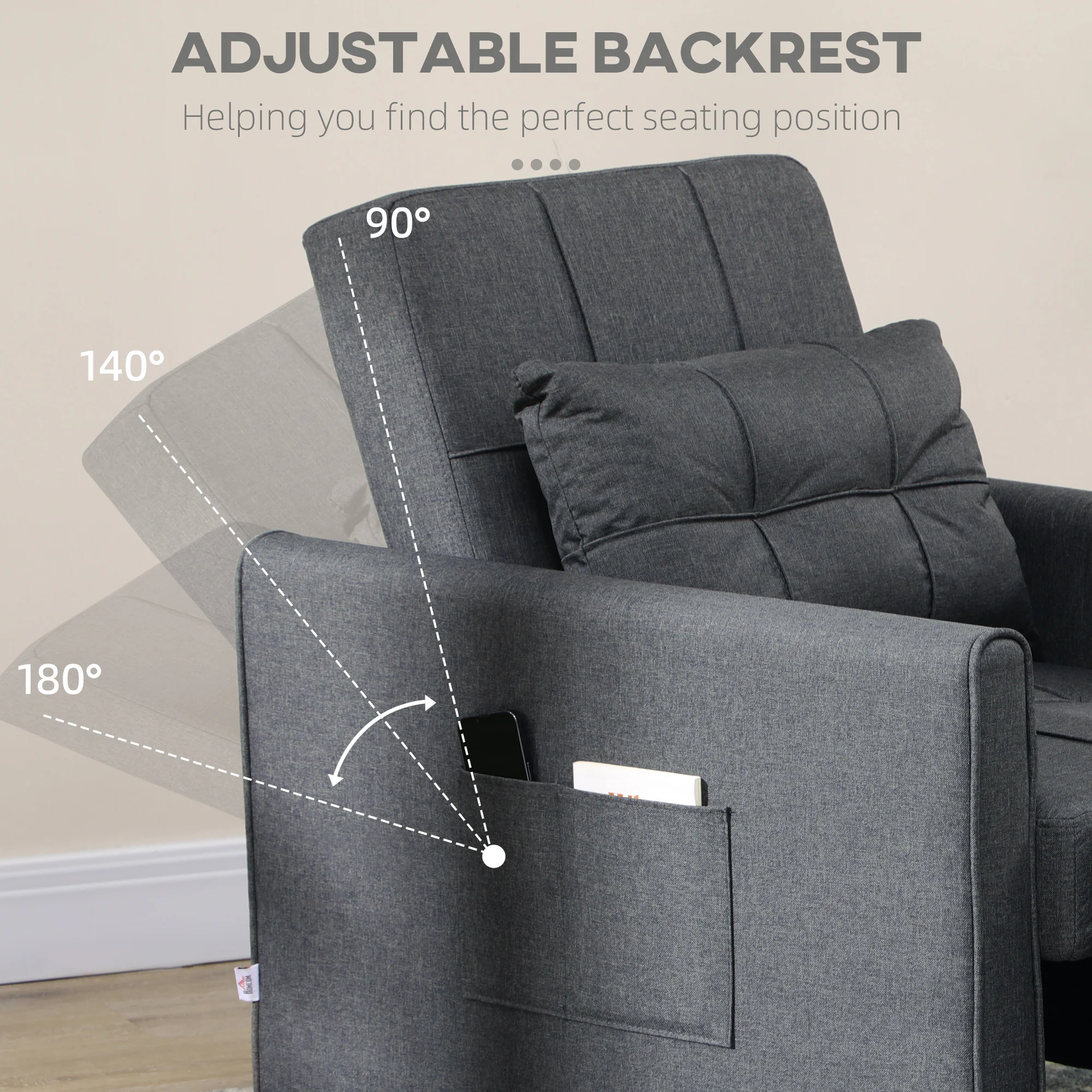 3-in-1 Convertible Pull Out Chair Bed with Adjustable Backrest, Pillow, & Pockets, Gray - Image 7