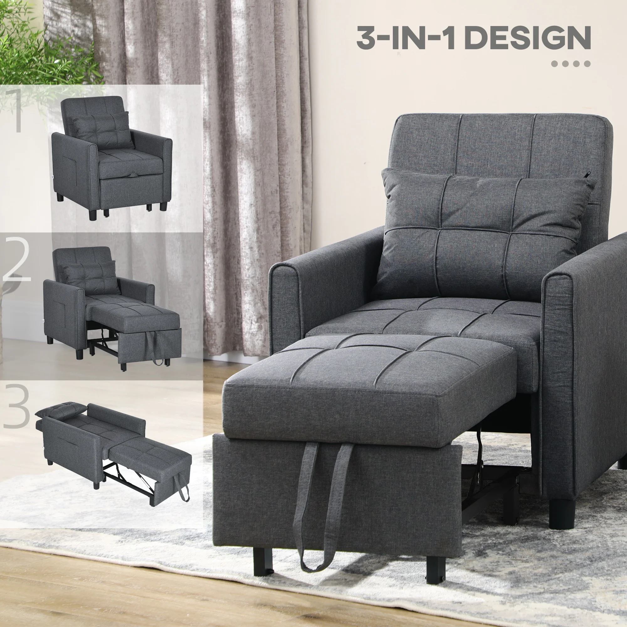 3-in-1 Convertible Pull Out Chair Bed with Adjustable Backrest, Pillow, & Pockets, Gray - Image 8