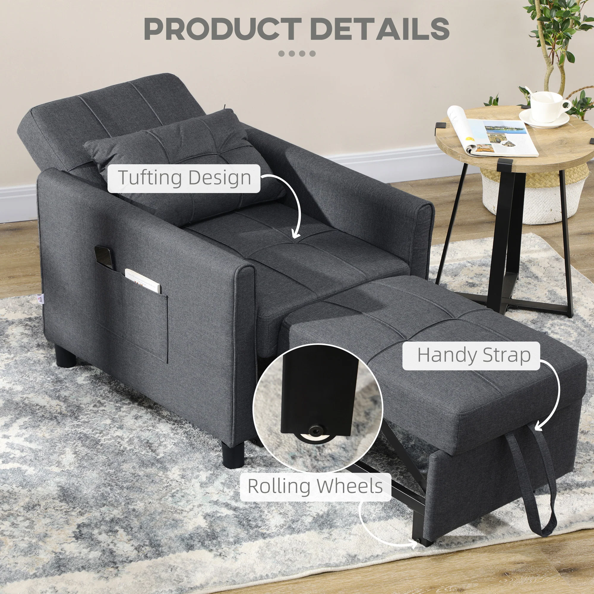 3-in-1 Convertible Pull Out Chair Bed with Adjustable Backrest, Pillow, & Pockets, Gray - Image 9