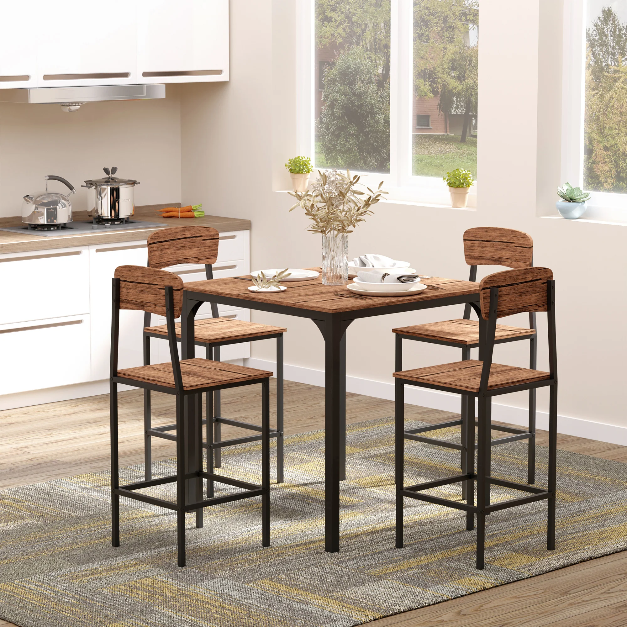Counter Height Bar Table Set for 4, Square Kitchen Table & Chairs Set w/ Footrest, Walnut - Image 3