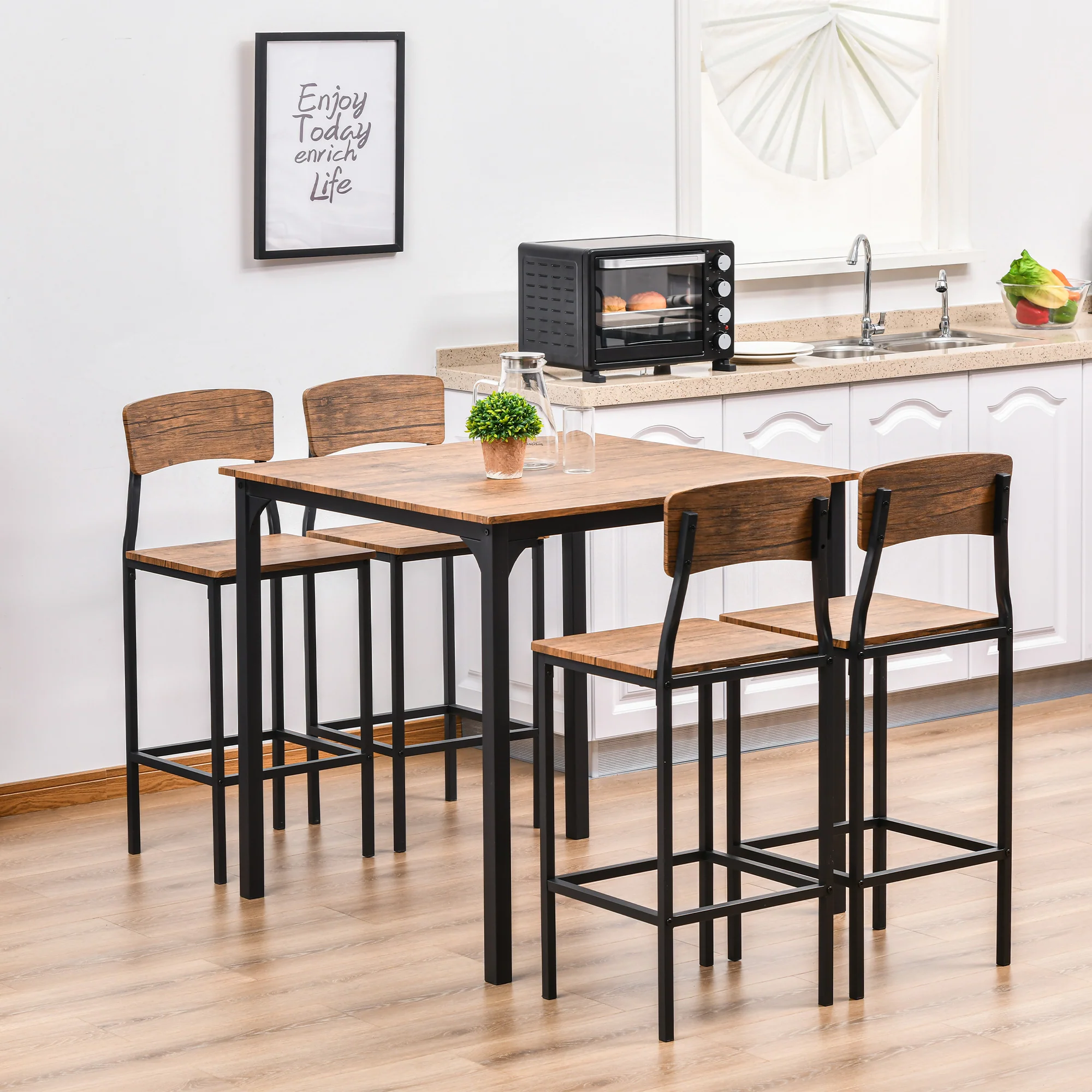 Counter Height Bar Table Set for 4, Square Kitchen Table & Chairs Set w/ Footrest, Walnut - Image 4