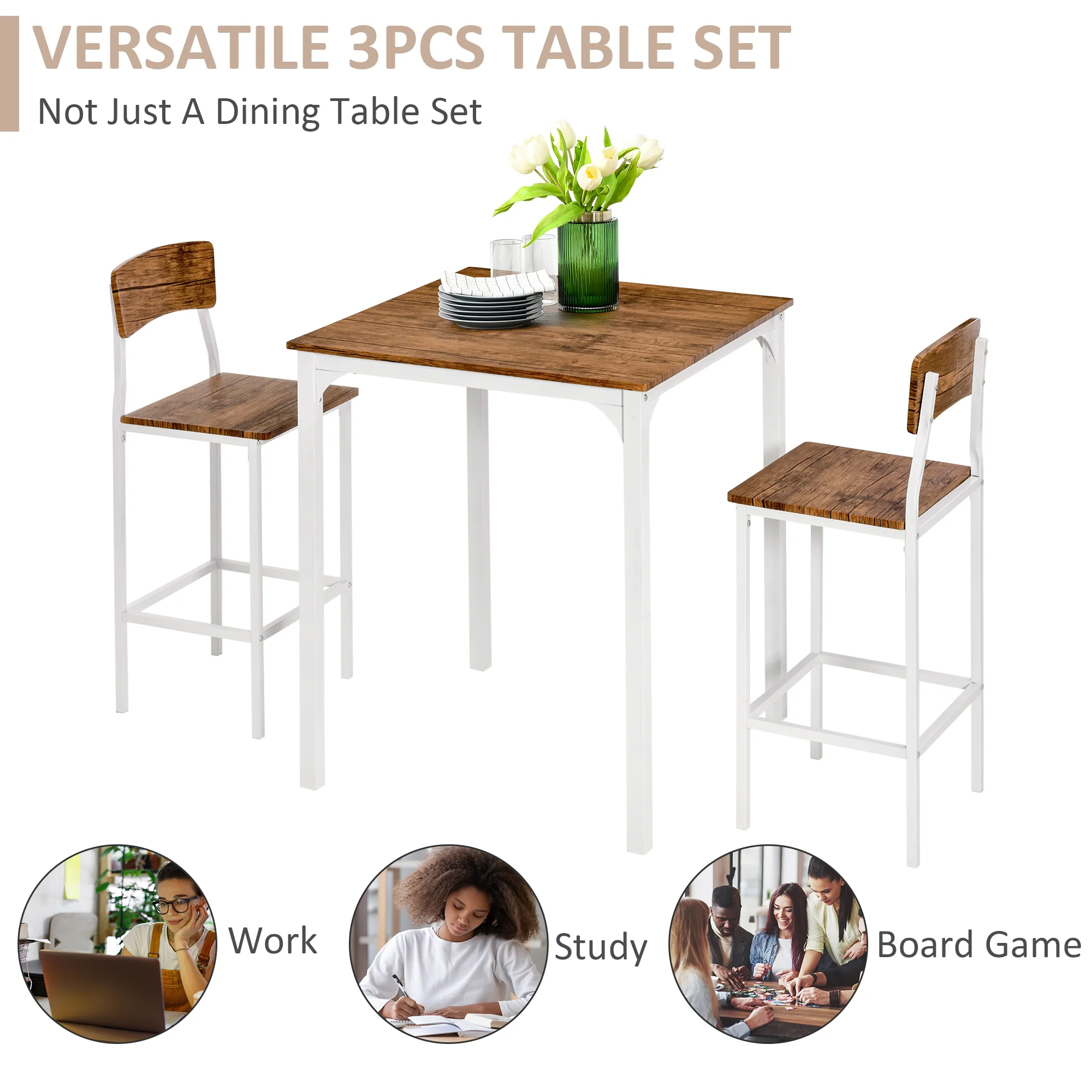 3 Piece Industrial Counter Height Dining Table Set w/ Steel Legs & Footrests, White - Image 8