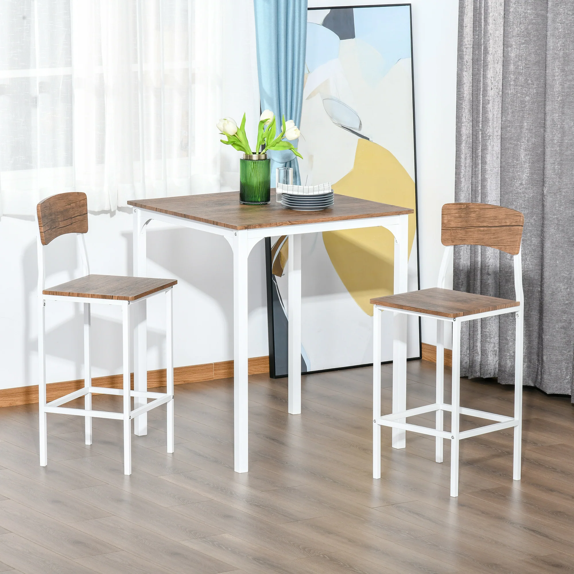 3 Piece Industrial Counter Height Dining Table Set w/ Steel Legs & Footrests, White - Image 9