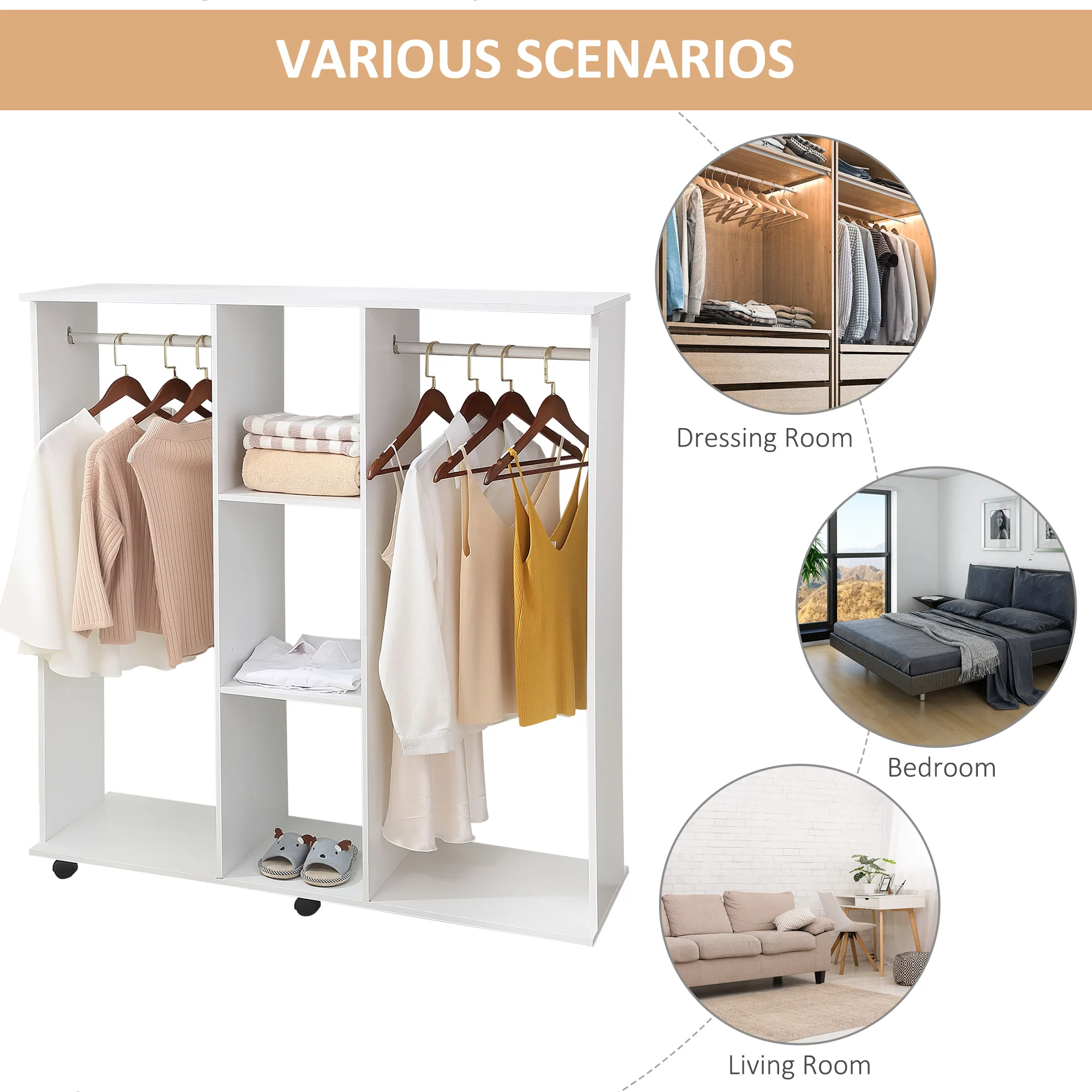 Double Open Wardrobe on Wheels with Clothes Rail, 3 Storage Shelves for Cloakroom, White - Image 7