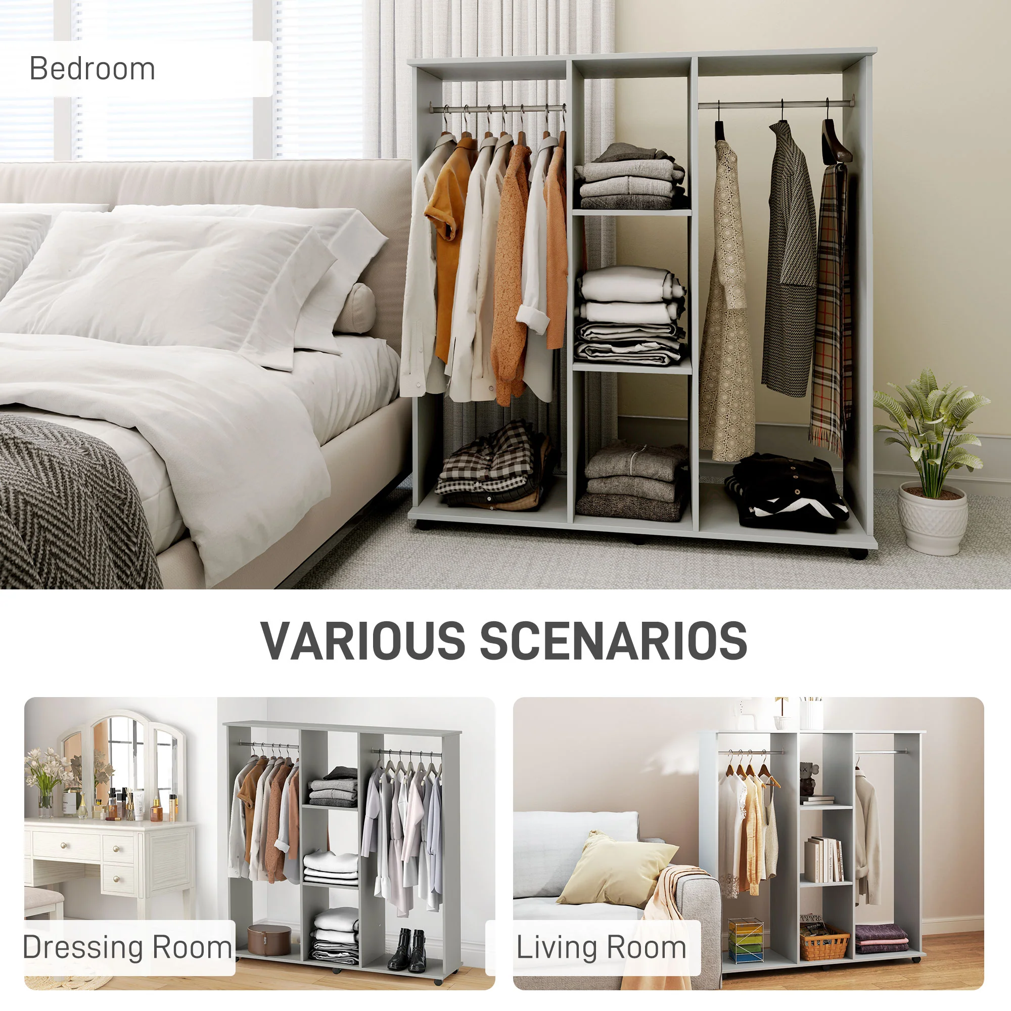 Double Open Wardrobe on Wheels with Clothes Rail, 3 Storage Shelves for Cloakroom, Grey - Image 7