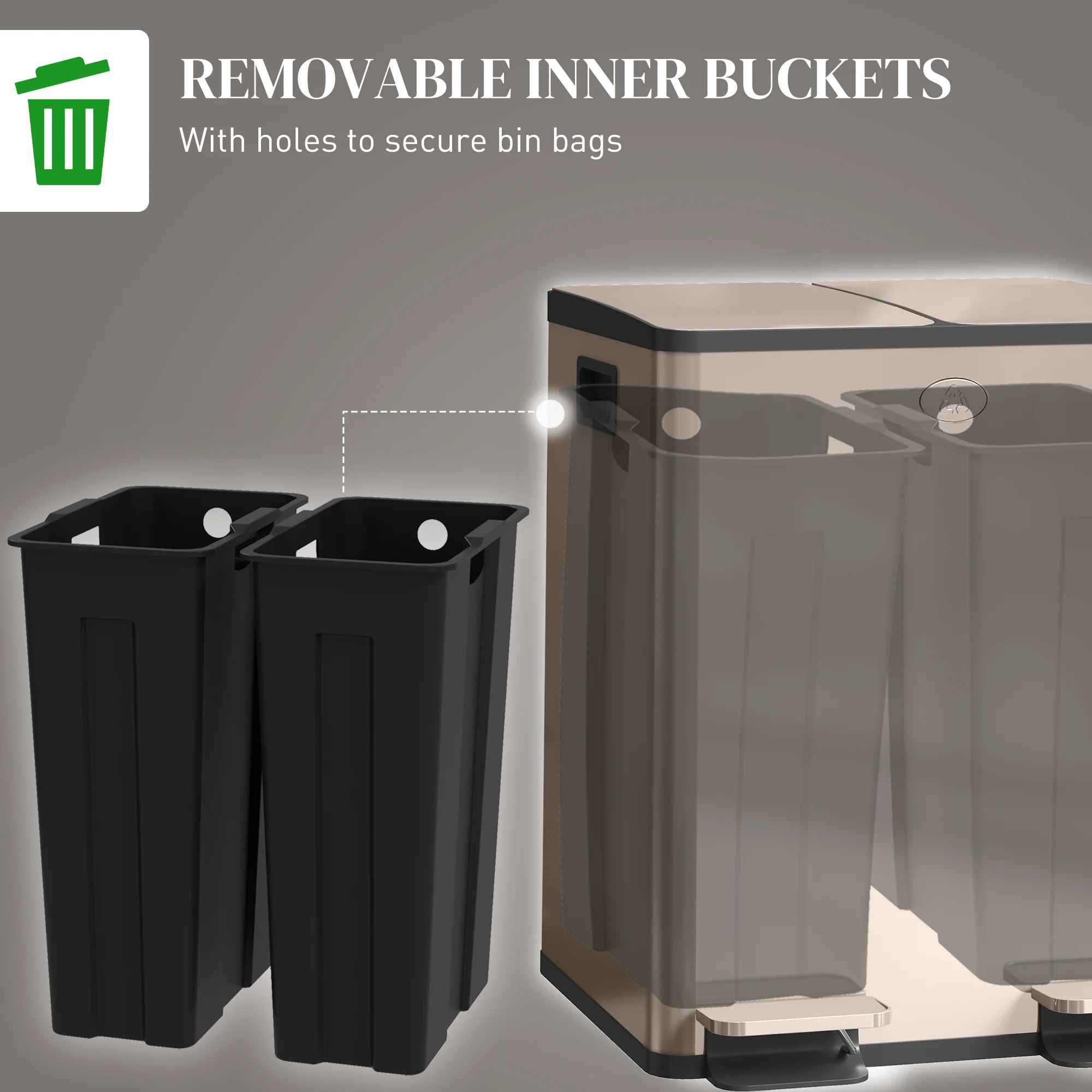 Dual Kitchen Bin, 2 x 20L Stainless Steel Double Rubbish Bin with Soft Close Lid, Gold Tone - Image 9
