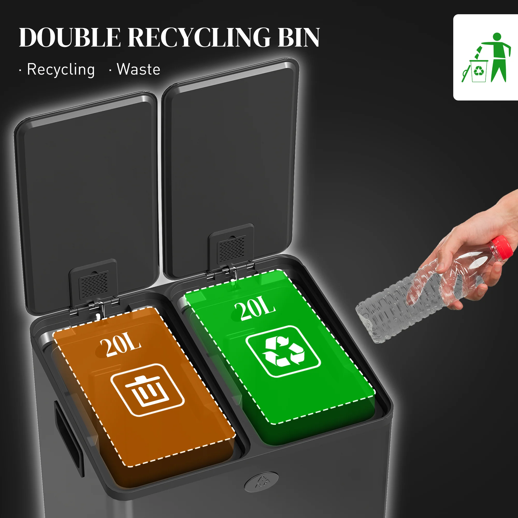 Dual Kitchen Bin, 2 x 20L Stainless Steel Double Rubbish Bin with Soft Close Lid, Black - Image 6