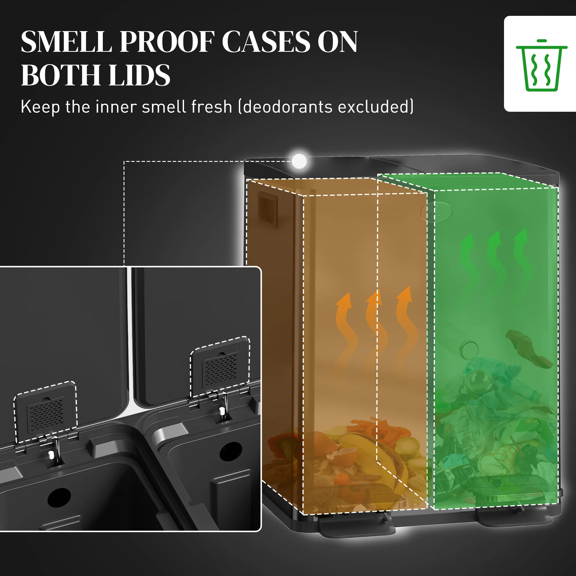 Dual Kitchen Bin, 2 x 20L Stainless Steel Double Rubbish Bin with Soft Close Lid, Black - Image 7