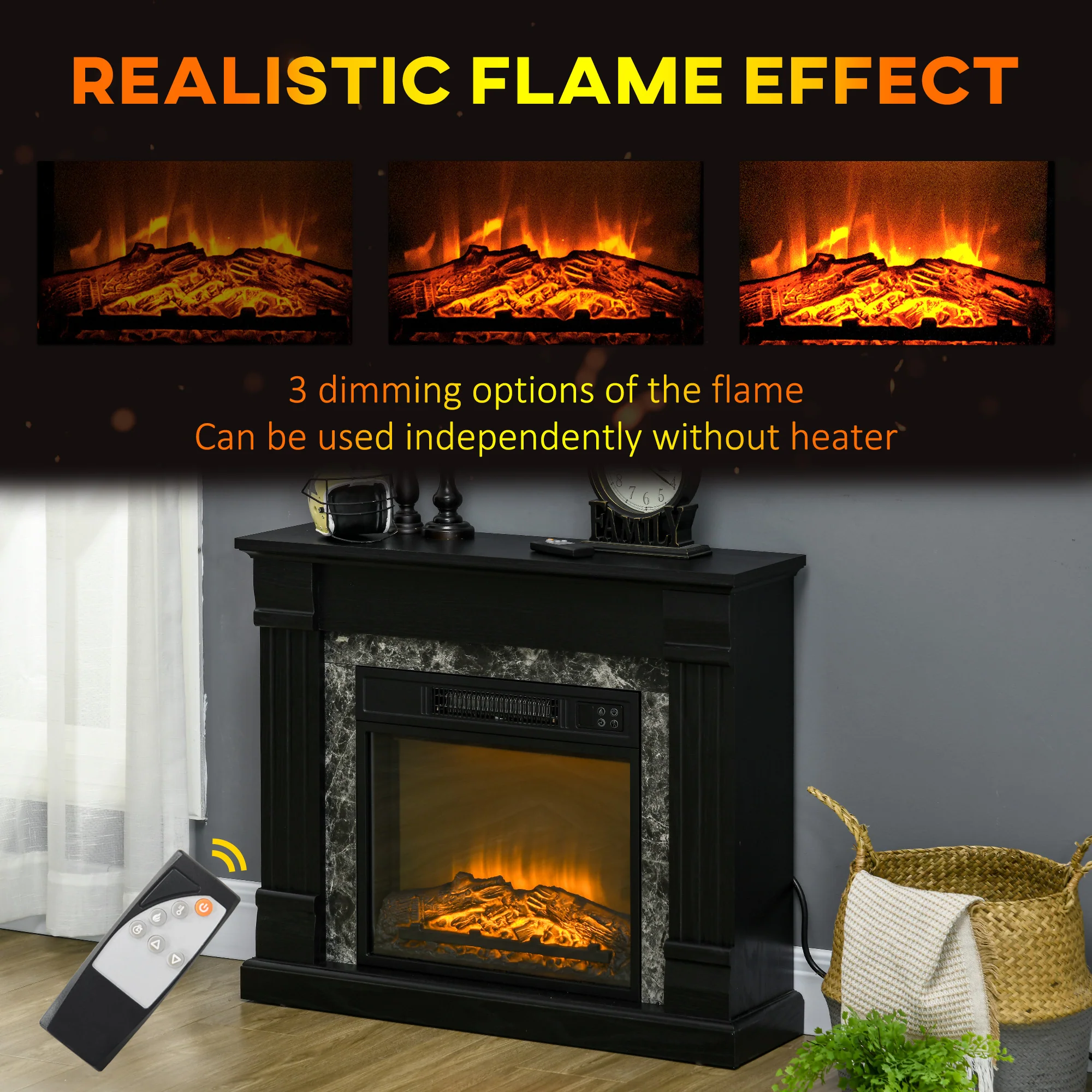 Electric Fireplace with Flame Effect, Adjustable Temperature & Overheating Protection, Black - Image 6