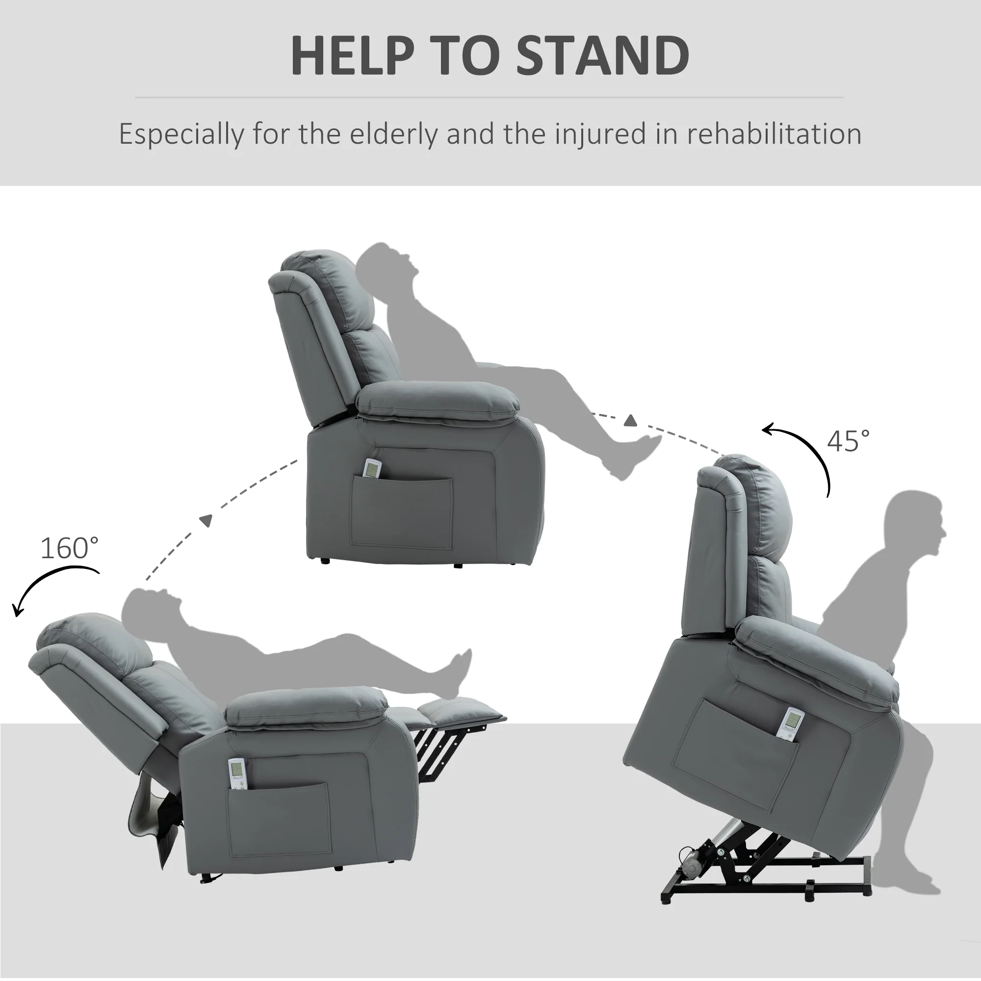 Electric Lift Recliner Chair with Vibration Massage & Side Pocket, Grey - Image 9