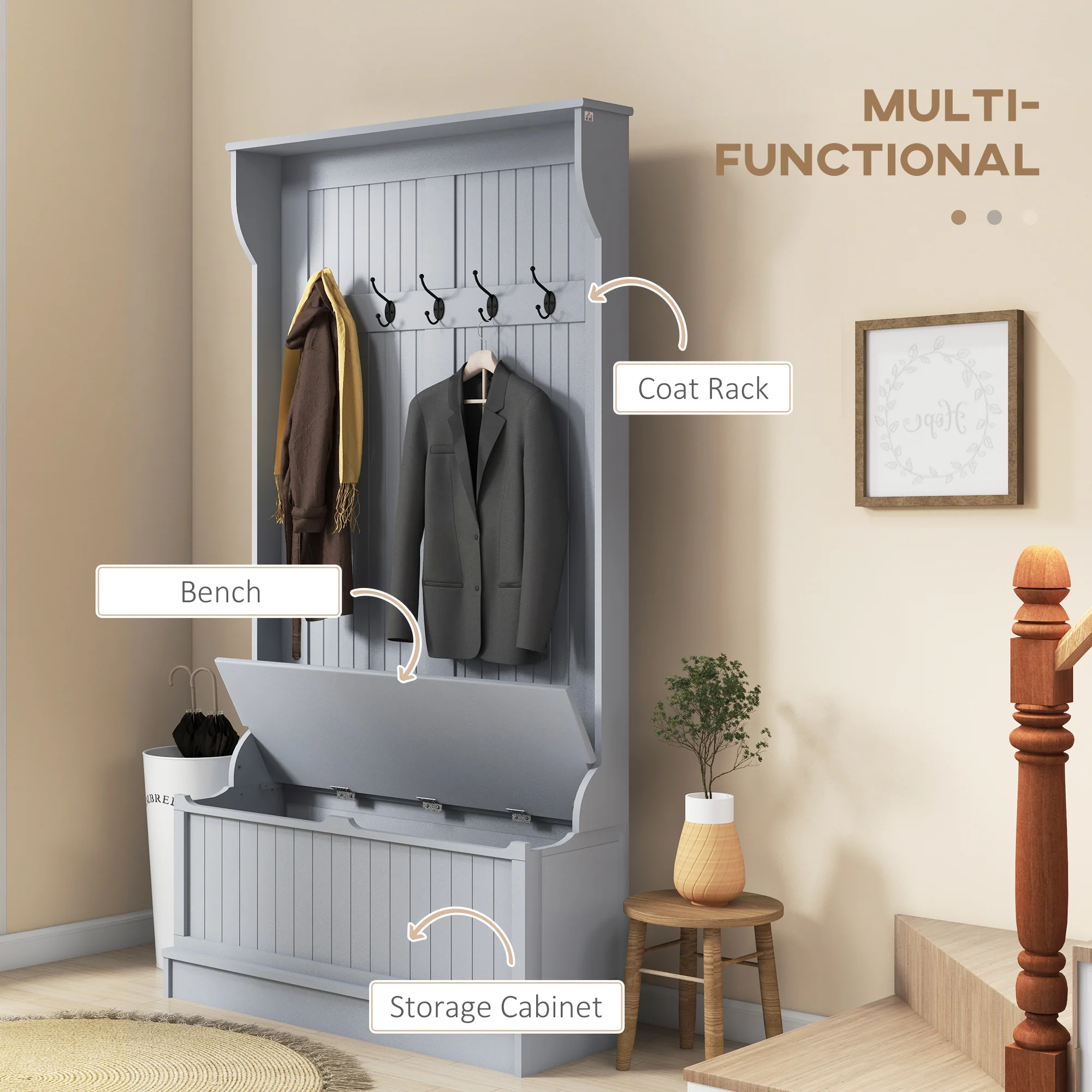 3-in-1 Entryway Bench, Coat Rack, Hall Tree, Shoe Storage & 5 Hooks, Grey - Image 6