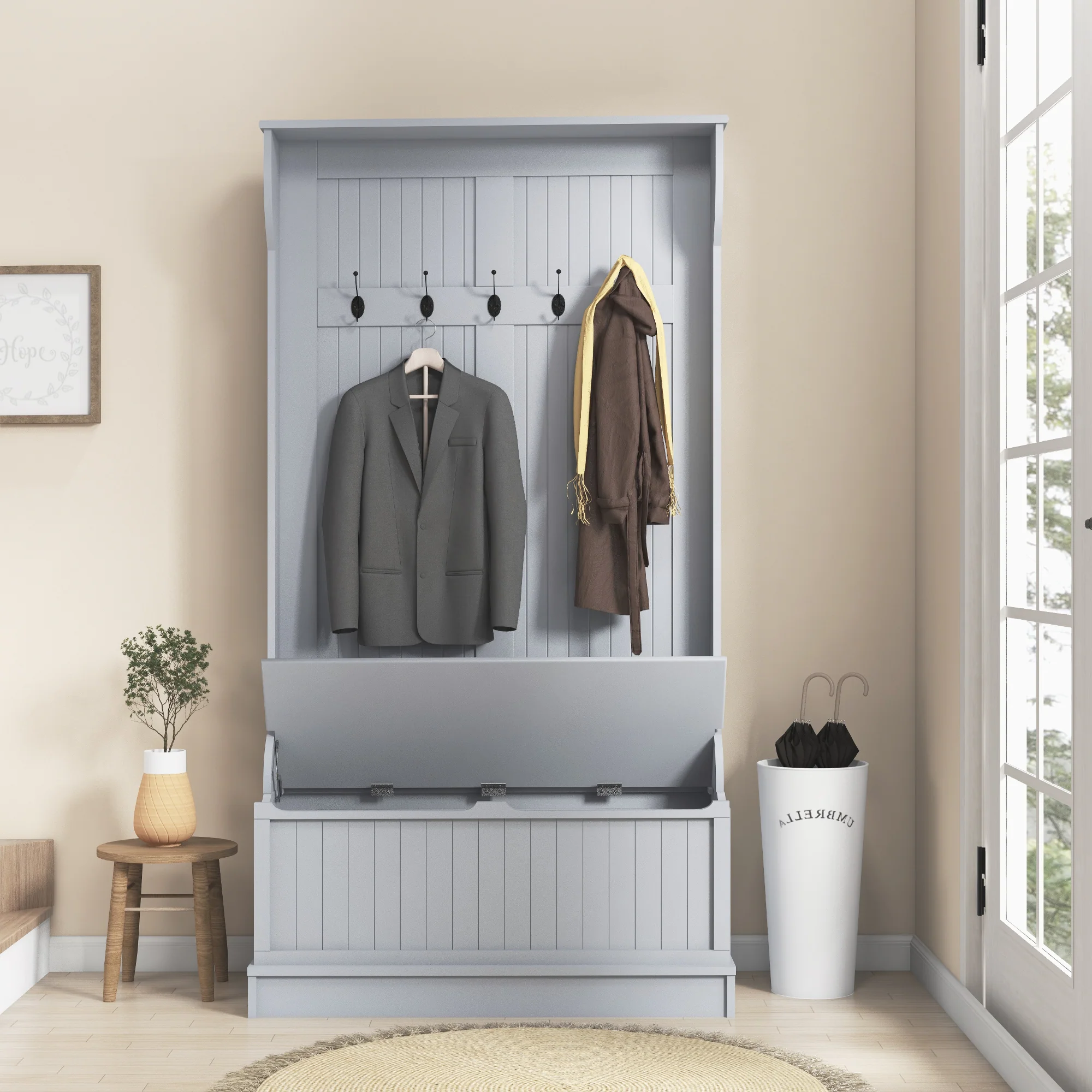 3-in-1 Entryway Bench, Coat Rack, Hall Tree, Shoe Storage & 5 Hooks, Grey - Image 9