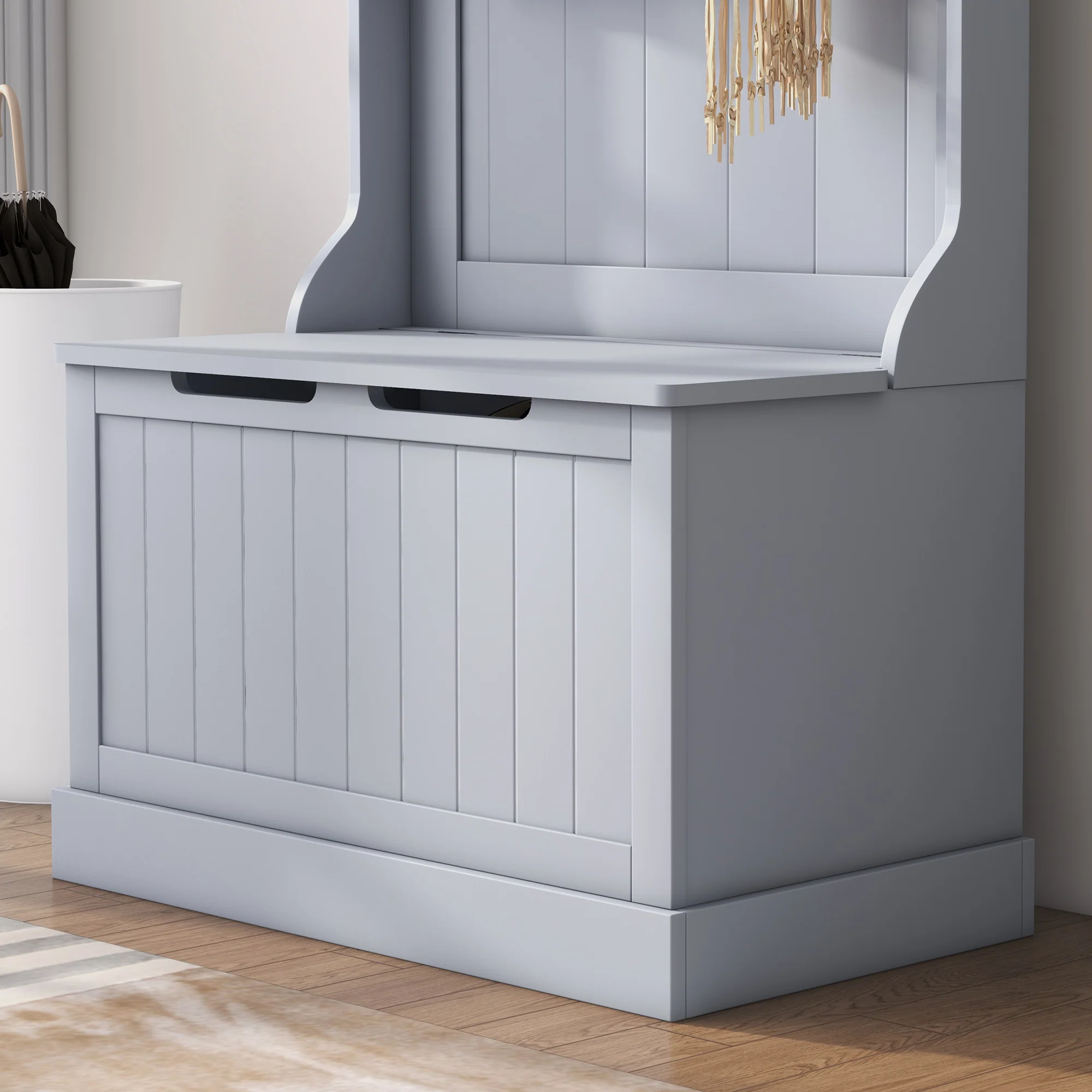 Entryway Hall Tree with Coat Rack, Mudroom Bench with Hidden Storage & Hooks, Gray - Image 11