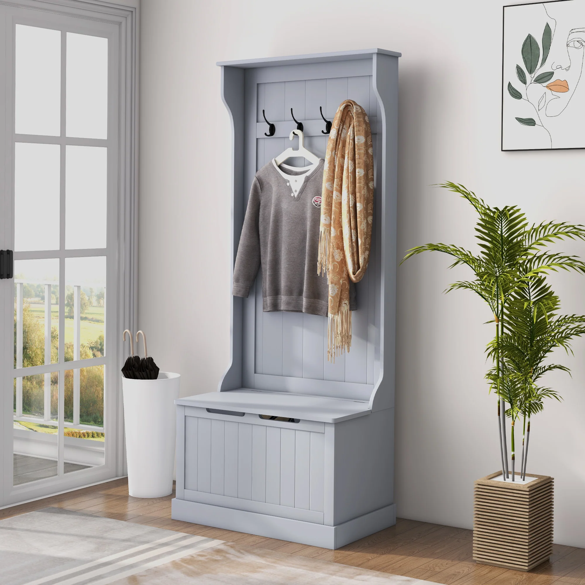 Entryway Hall Tree with Coat Rack, Mudroom Bench with Hidden Storage & Hooks, Gray - Image 3