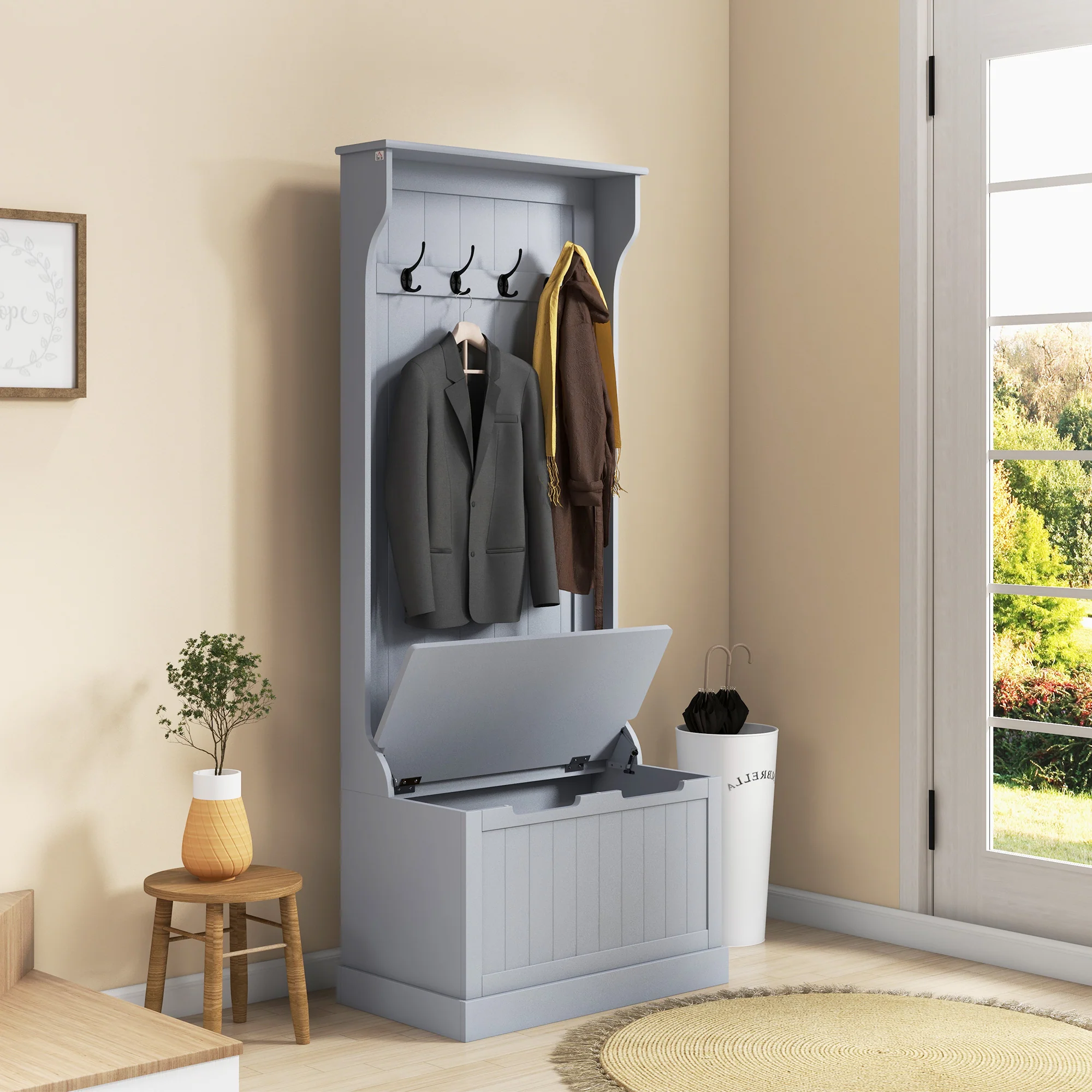 Entryway Hall Tree with Coat Rack, Mudroom Bench with Hidden Storage & Hooks, Gray - Image 4