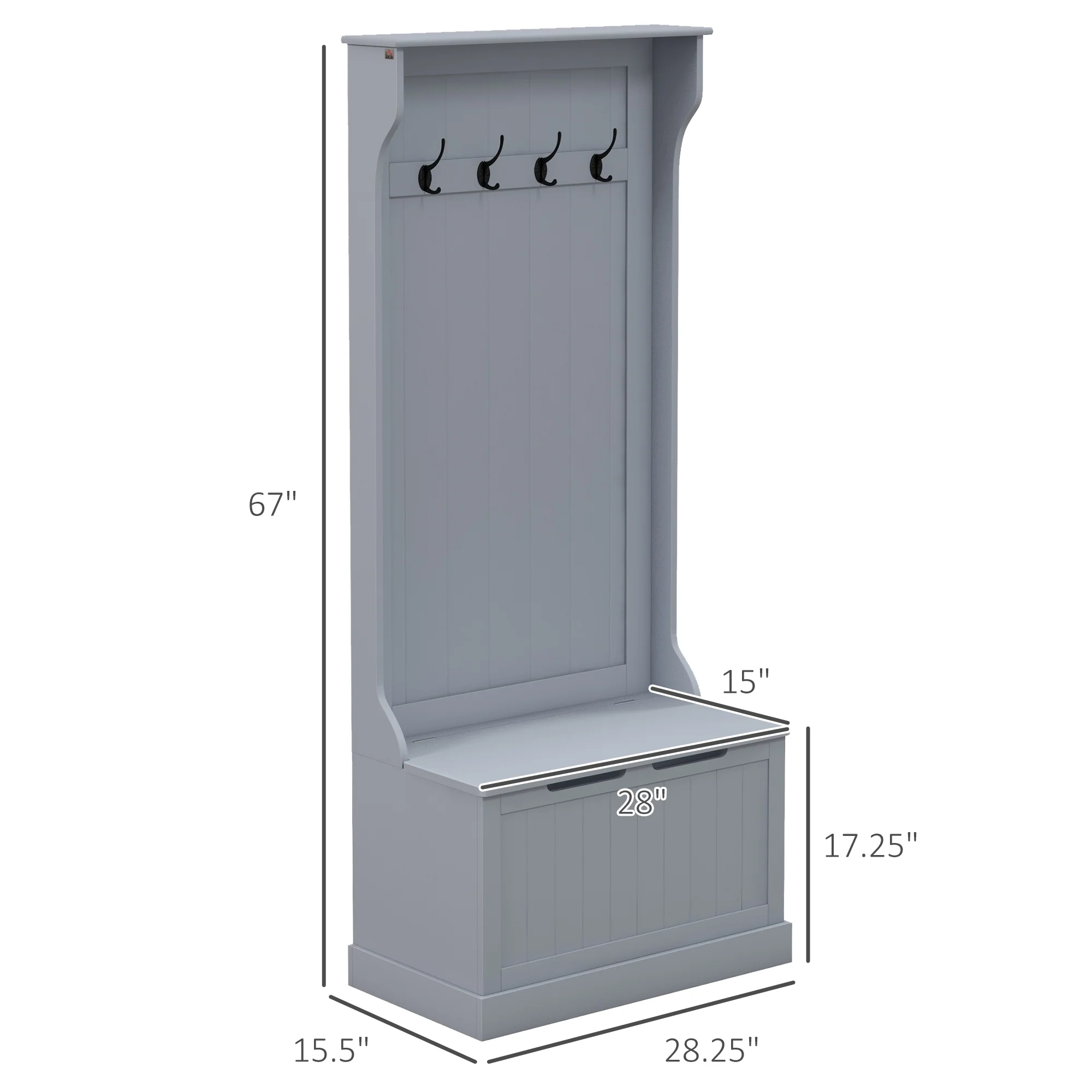 Entryway Hall Tree with Coat Rack, Mudroom Bench with Hidden Storage & Hooks, Gray - Image 5