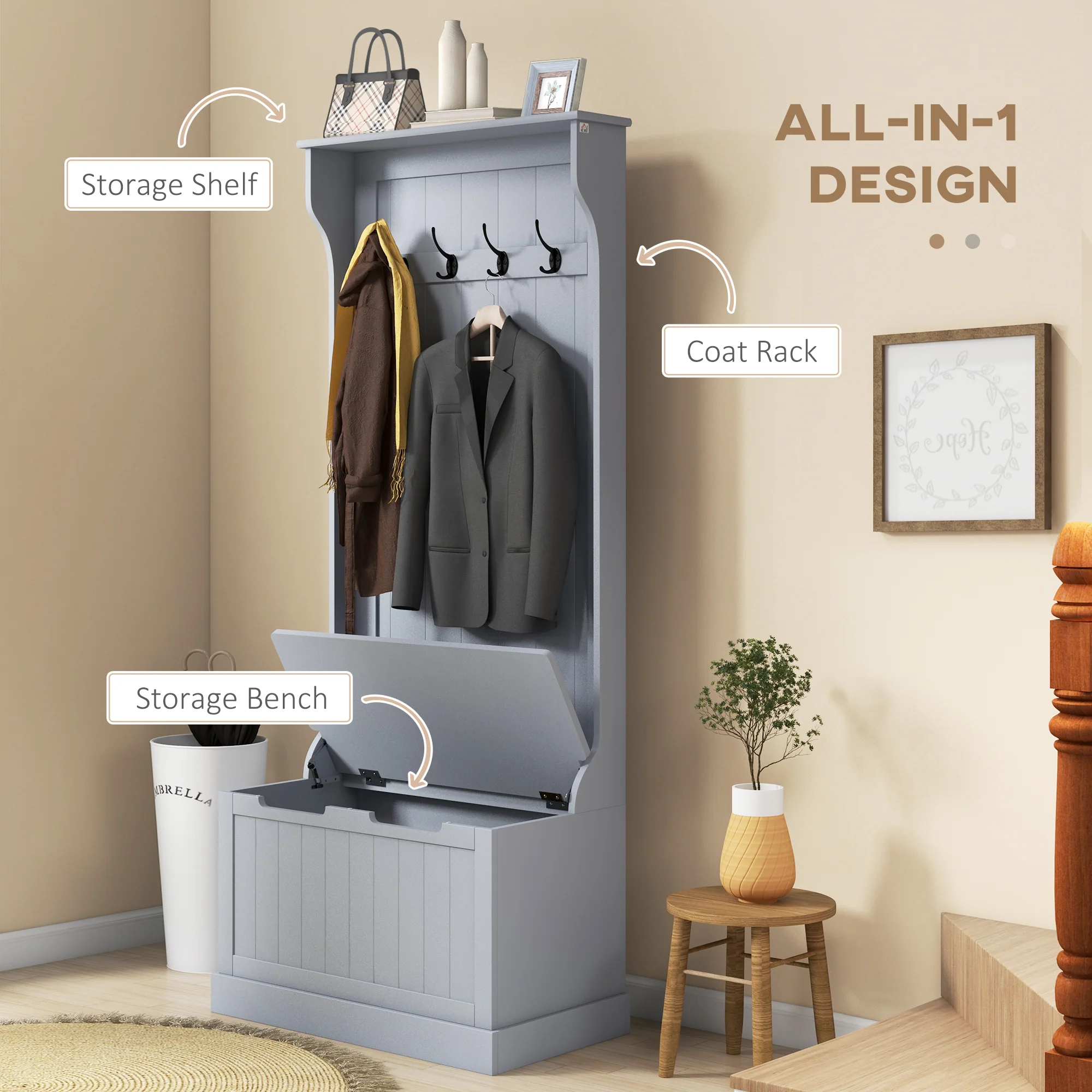 Entryway Hall Tree with Coat Rack, Mudroom Bench with Hidden Storage & Hooks, Gray - Image 6