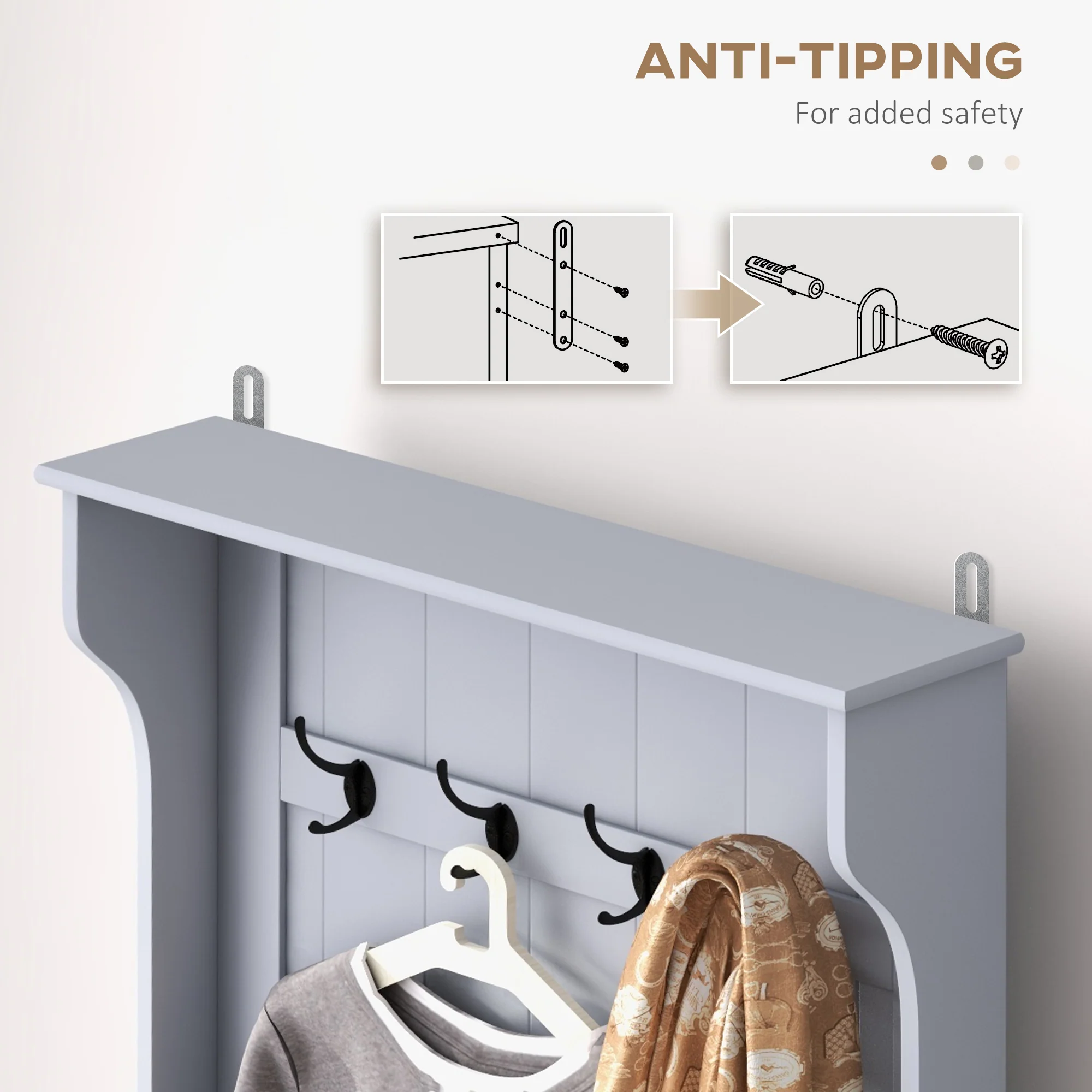 Entryway Hall Tree with Coat Rack, Mudroom Bench with Hidden Storage & Hooks, Gray - Image 9