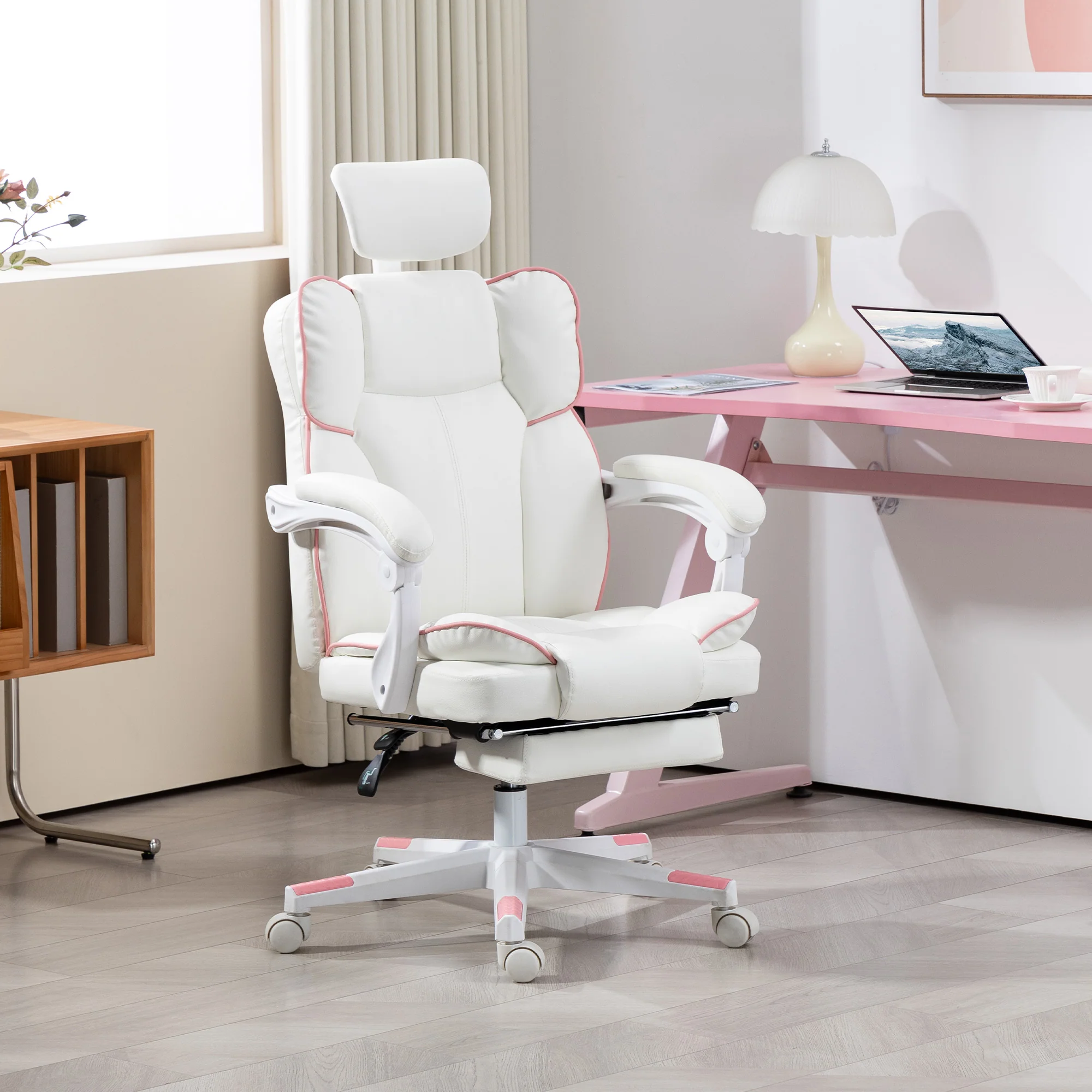 PU Leather Executive Office Chair with Headrest, Footrest, Swivel, Reclining, White - Image 3