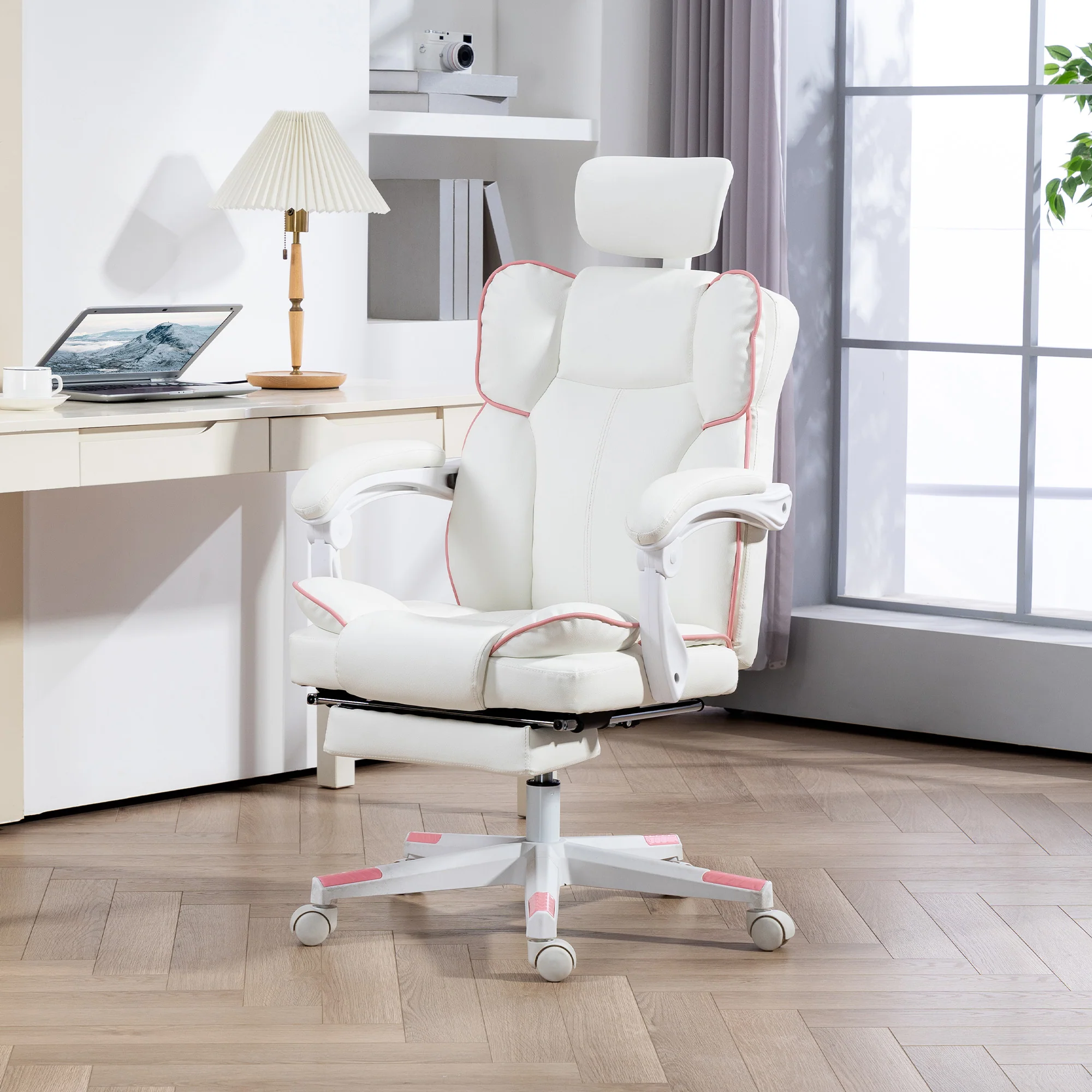 PU Leather Executive Office Chair with Headrest, Footrest, Swivel, Reclining, White - Image 4