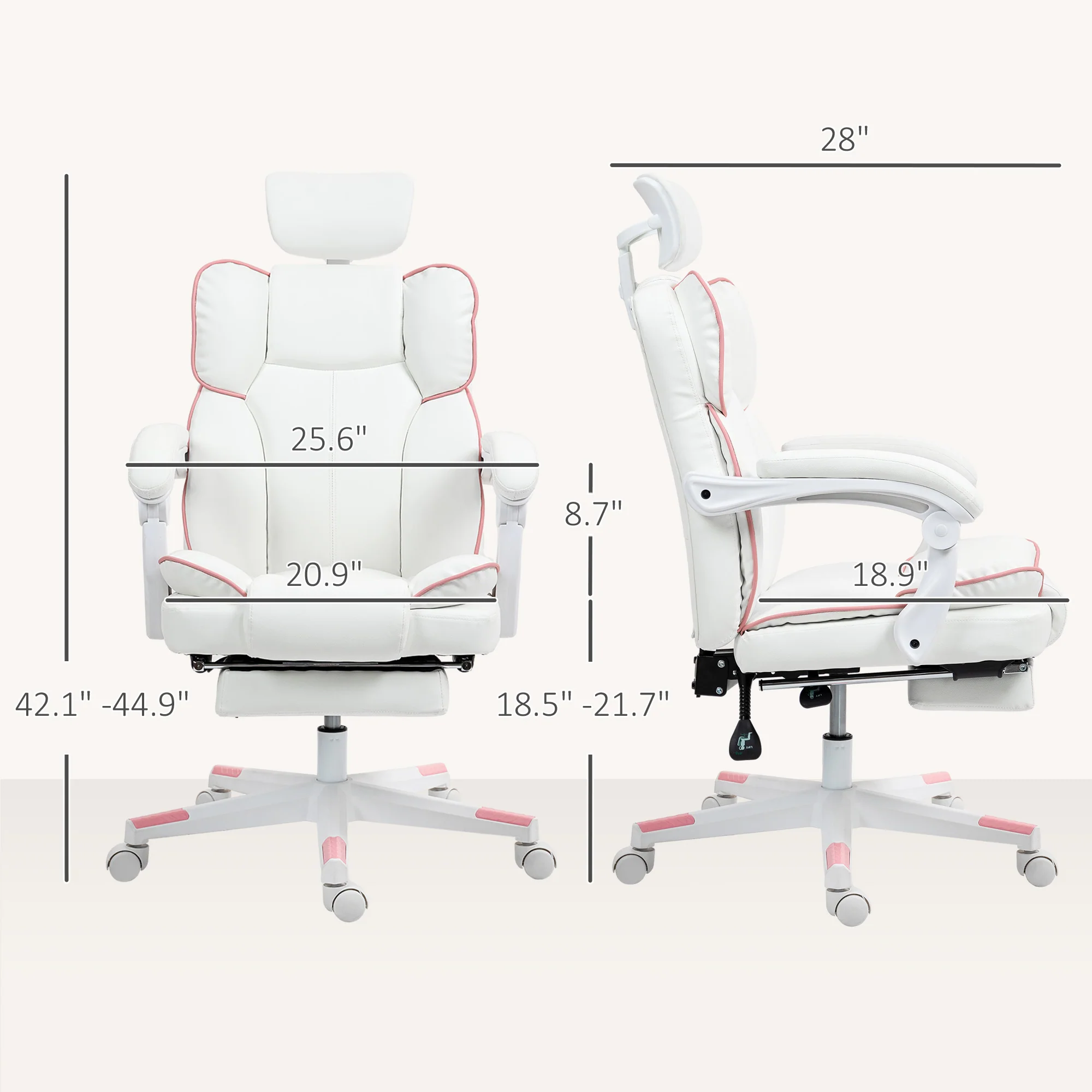 PU Leather Executive Office Chair with Headrest, Footrest, Swivel, Reclining, White - Image 5